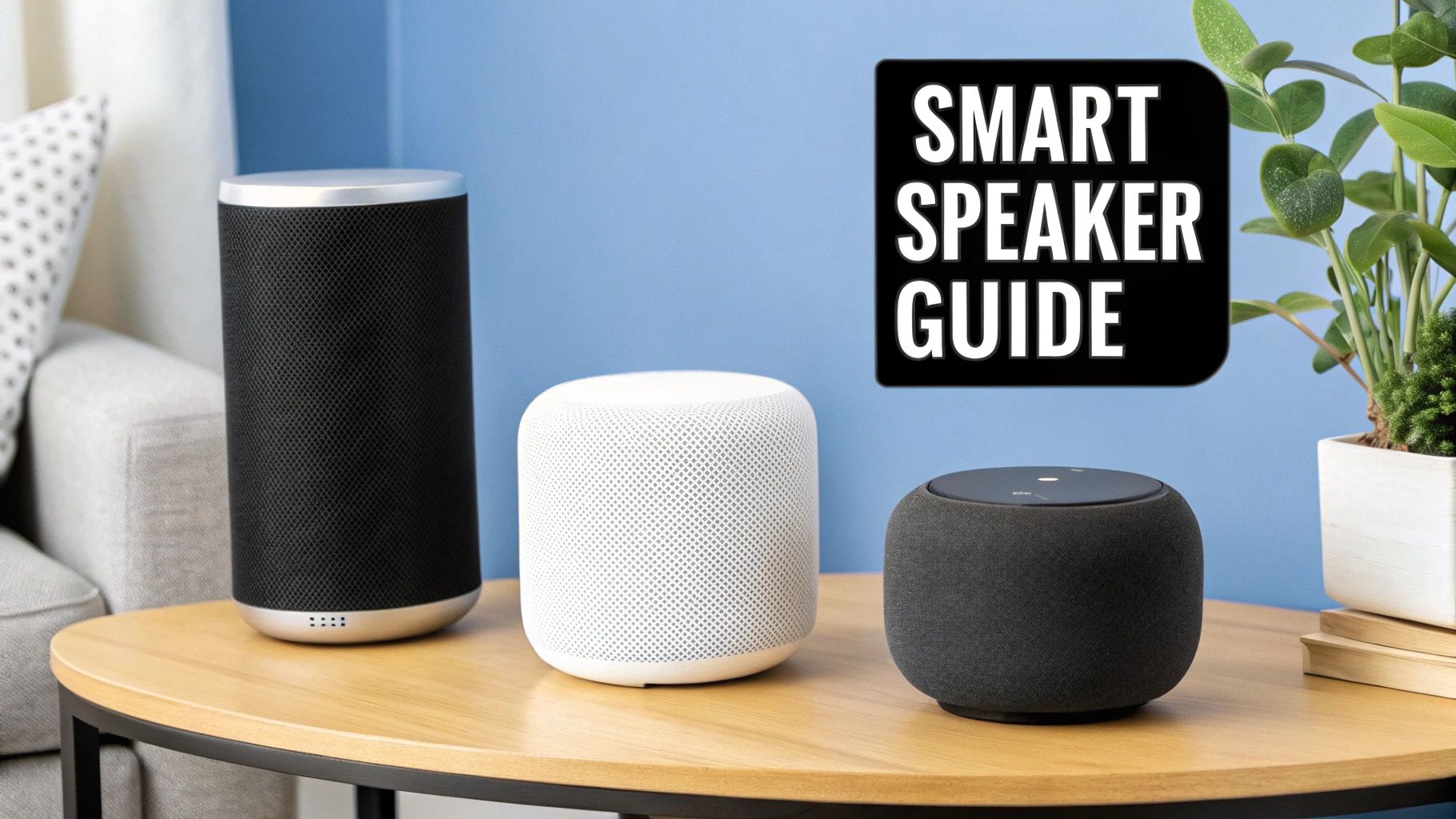 Three different smart speakers, including white and black models, on a wooden table with 'Smart Speaker Guide' text.