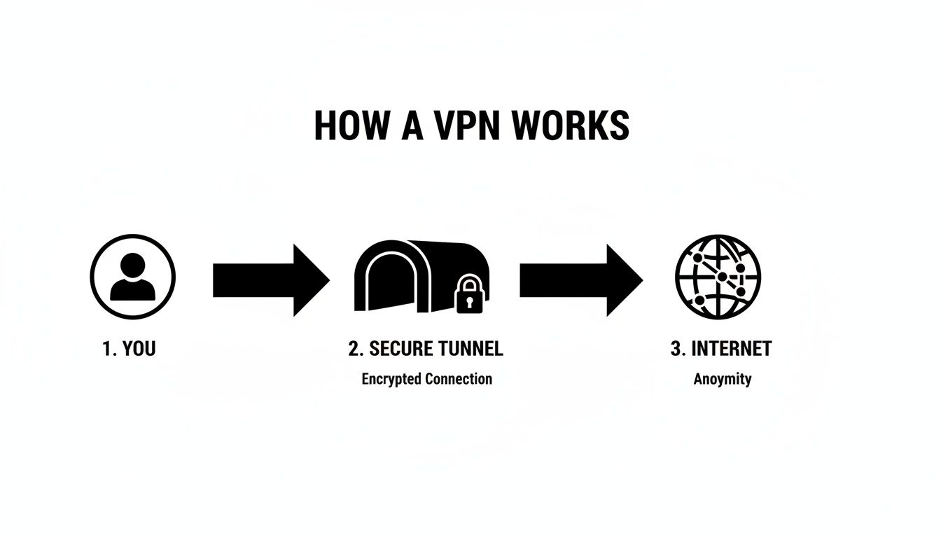 Diagram illustrating how a VPN works: a user connects through a secure, encrypted tunnel to the internet, ensuring anonymity.