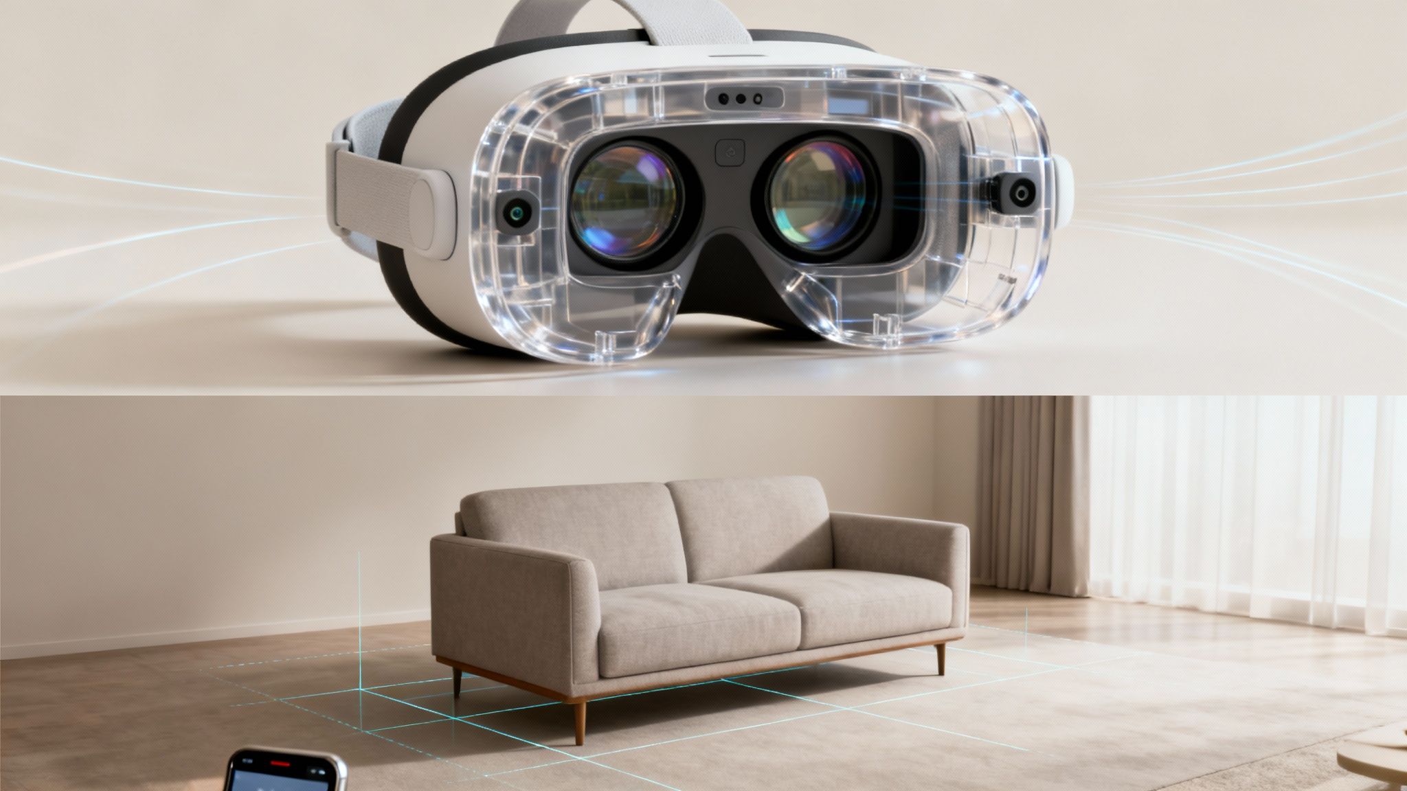 A transparent VR/AR headset and a living room with an augmented reality grid mapping the floor.