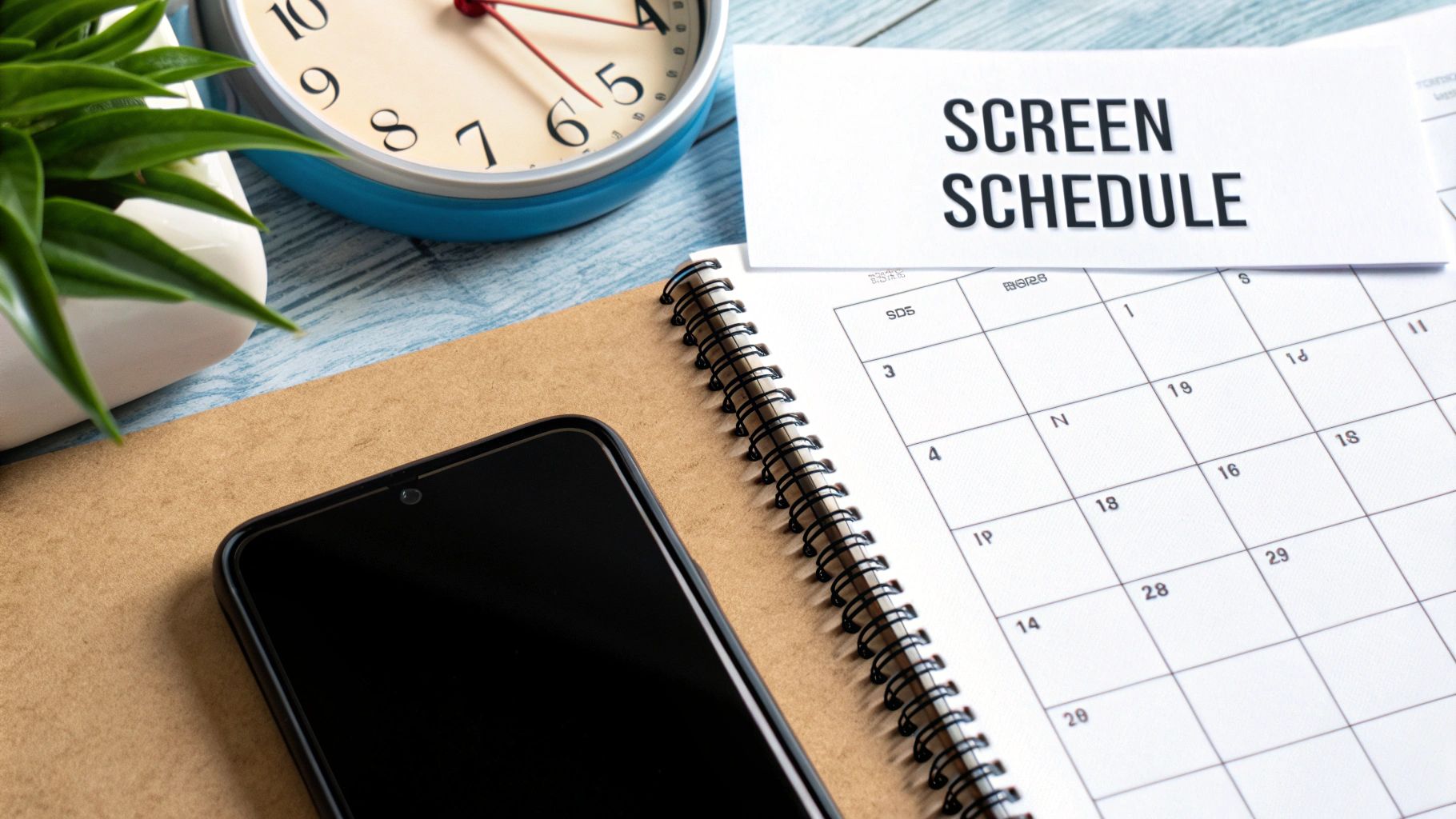 A desk with a 'Screen Schedule' card, calendar, clock, smartphone, and green plant.