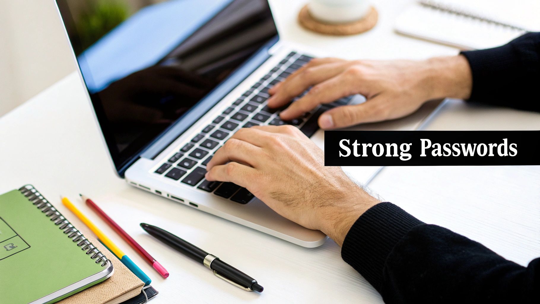 Hands typing on a laptop with 'Strong Passwords' text, alongside notebooks and pens.