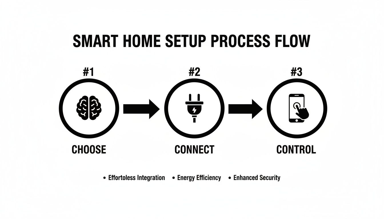 Flowchart showing three steps for smart home setup: Choose, Connect, Control, with benefits.