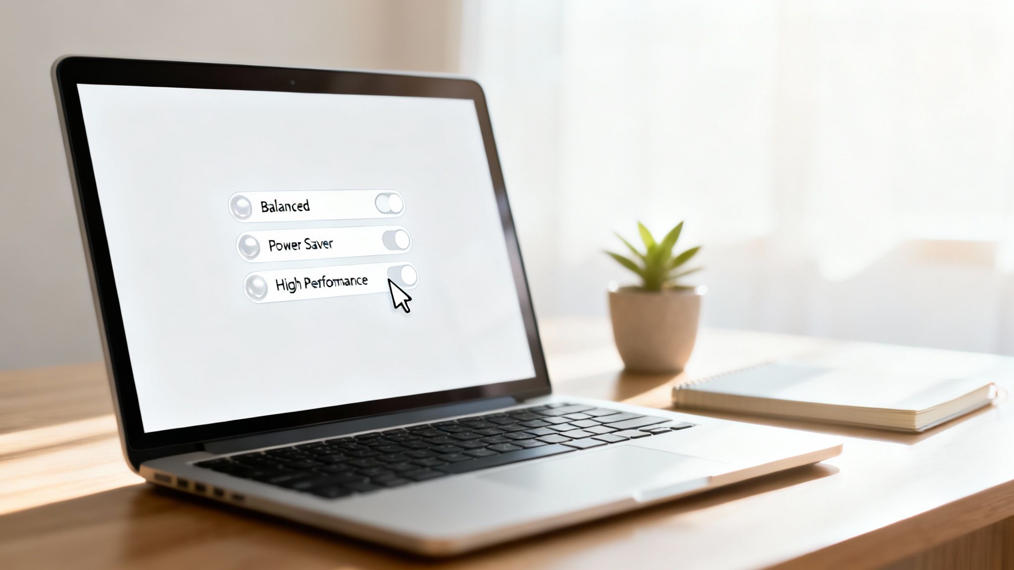 A laptop screen displays power settings with Balanced, Power Saver, and High Performance options, selected by a cursor.