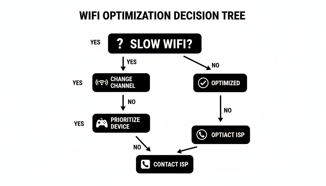 Decision tree illustrating steps for WiFi optimization, including changing channels, prioritizing devices, and contacting ISP.