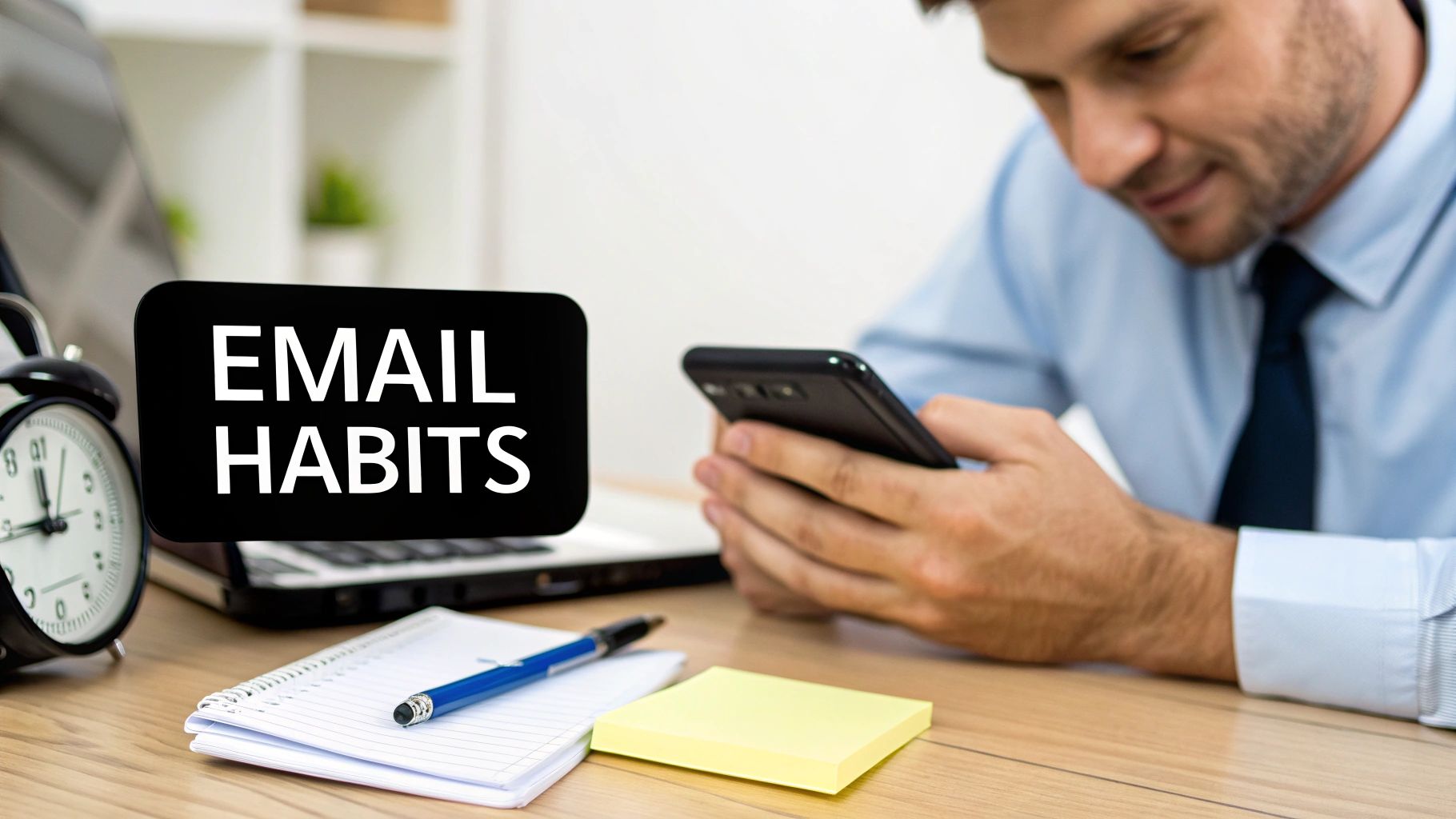 A professional man checking his smartphone at a desk with an alarm clock and a sign reading "EMAIL HABITS".