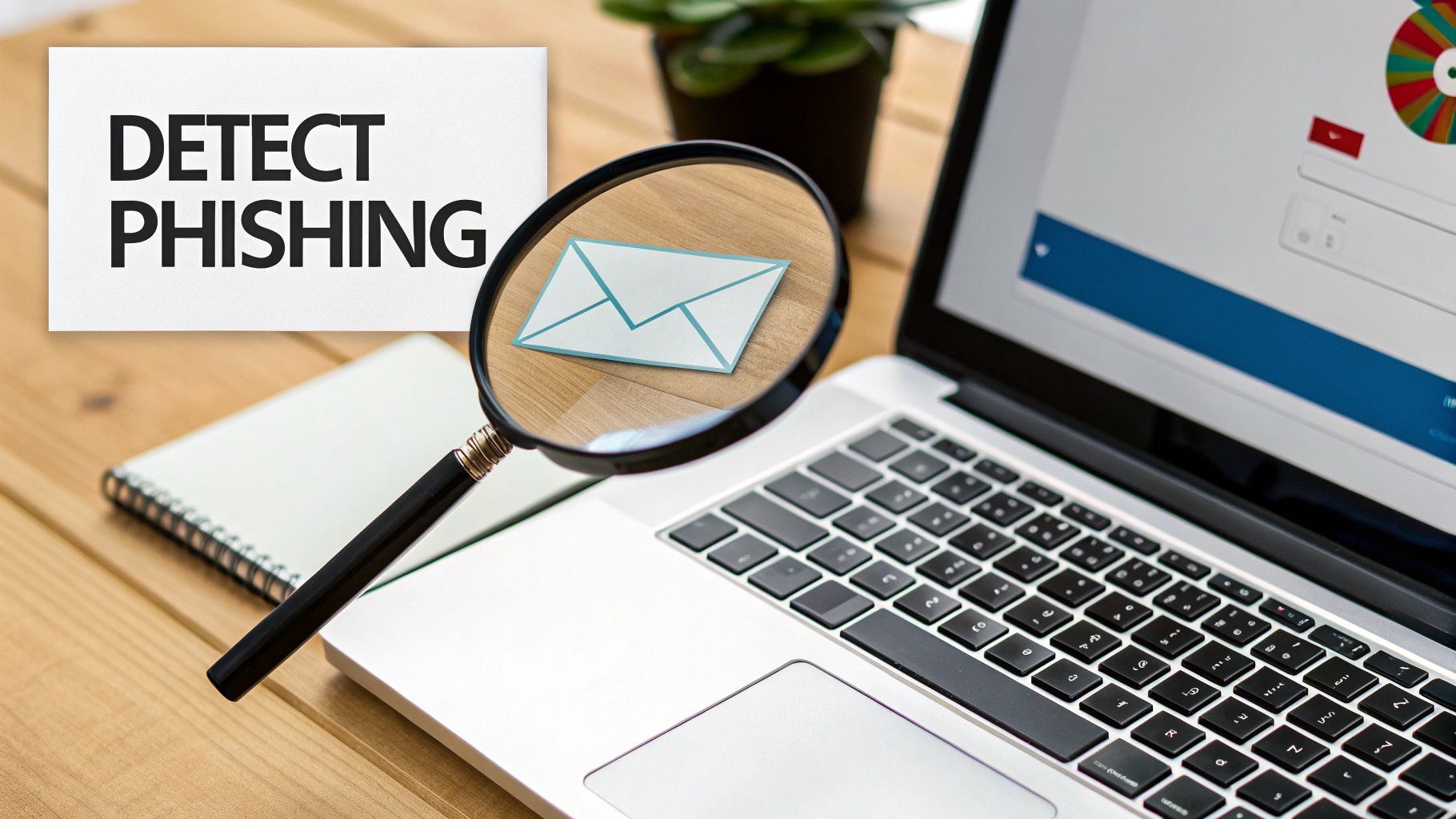 A magnifying glass over a laptop screen showing an email icon next to a 'DETECT PHISHING' sign.