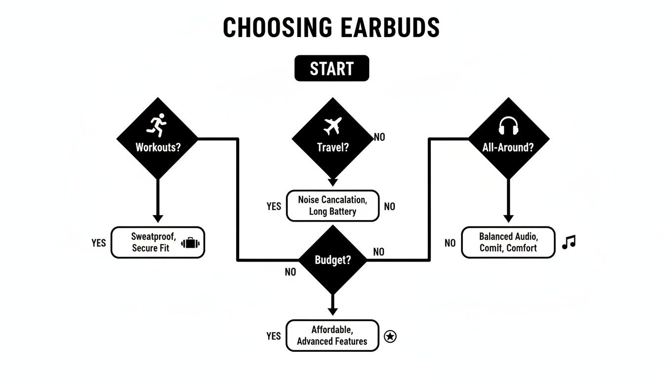 Flowchart guiding the choice of earbuds based on activities like workouts, travel, and budget.