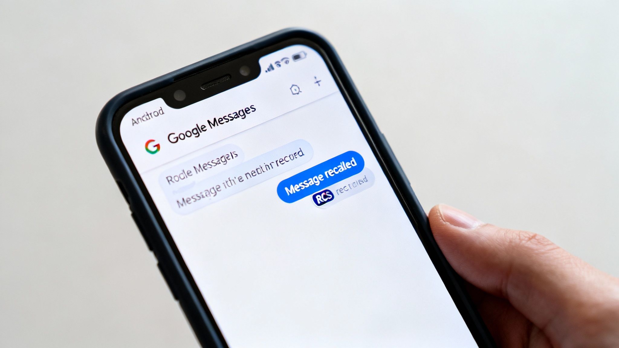 Close-up of a smartphone screen displaying the Google Messages app with a 'Message recalled' bubble.