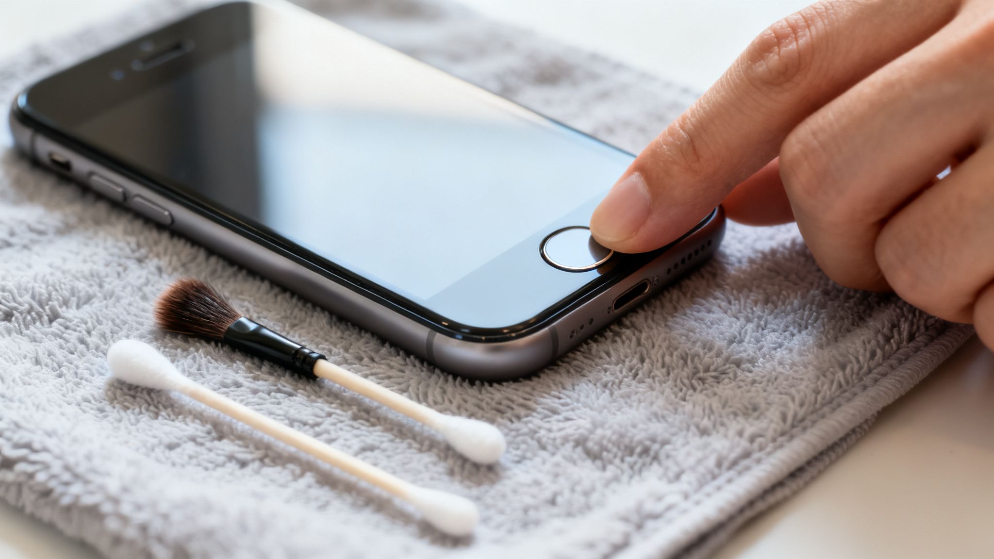 A person's finger presses the home button of a smartphone on a gray towel, with cleaning tools.
