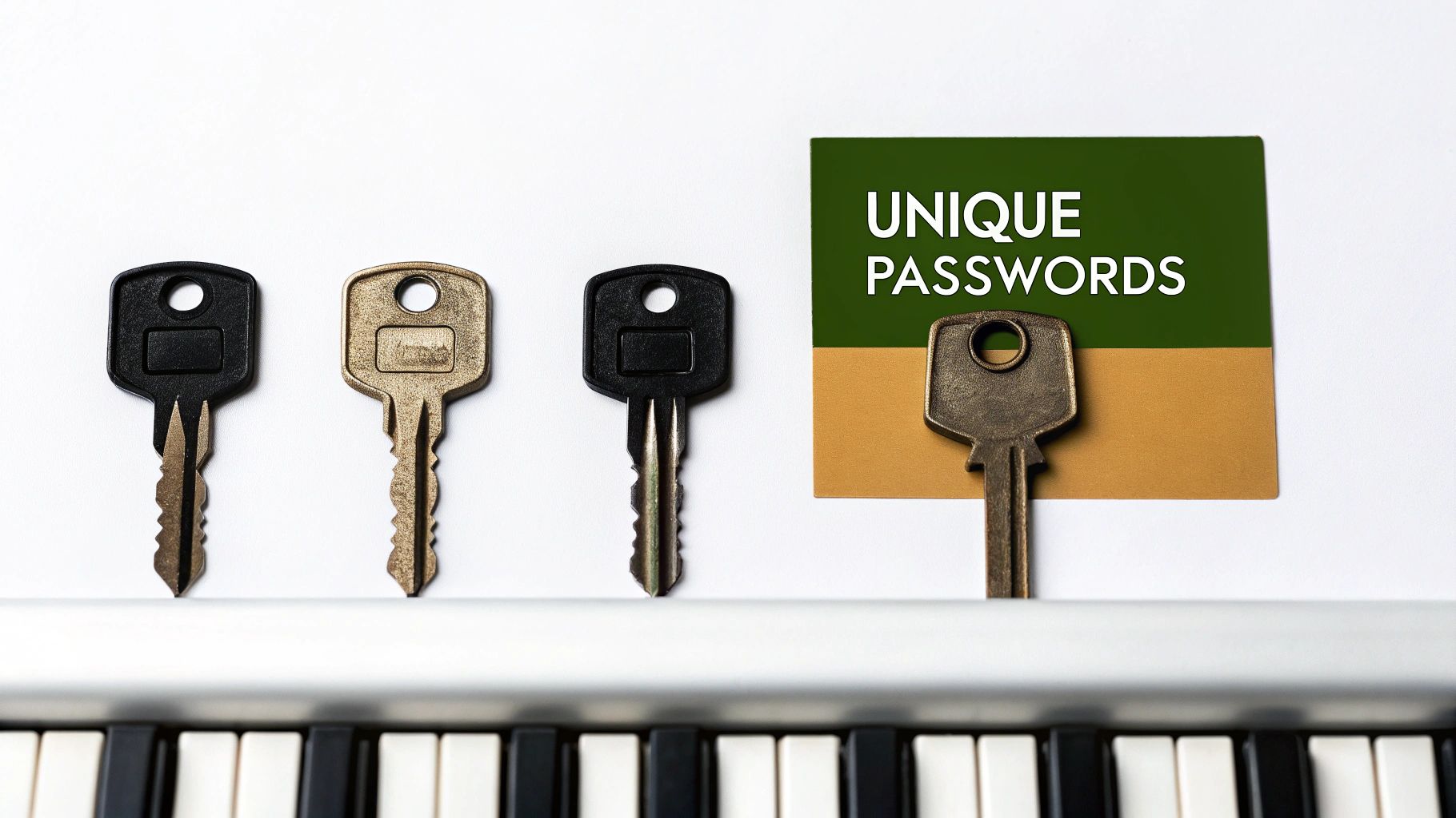 Four keys, one unique, next to a 'UNIQUE PASSWORDS' sign, symbolizing strong online security.