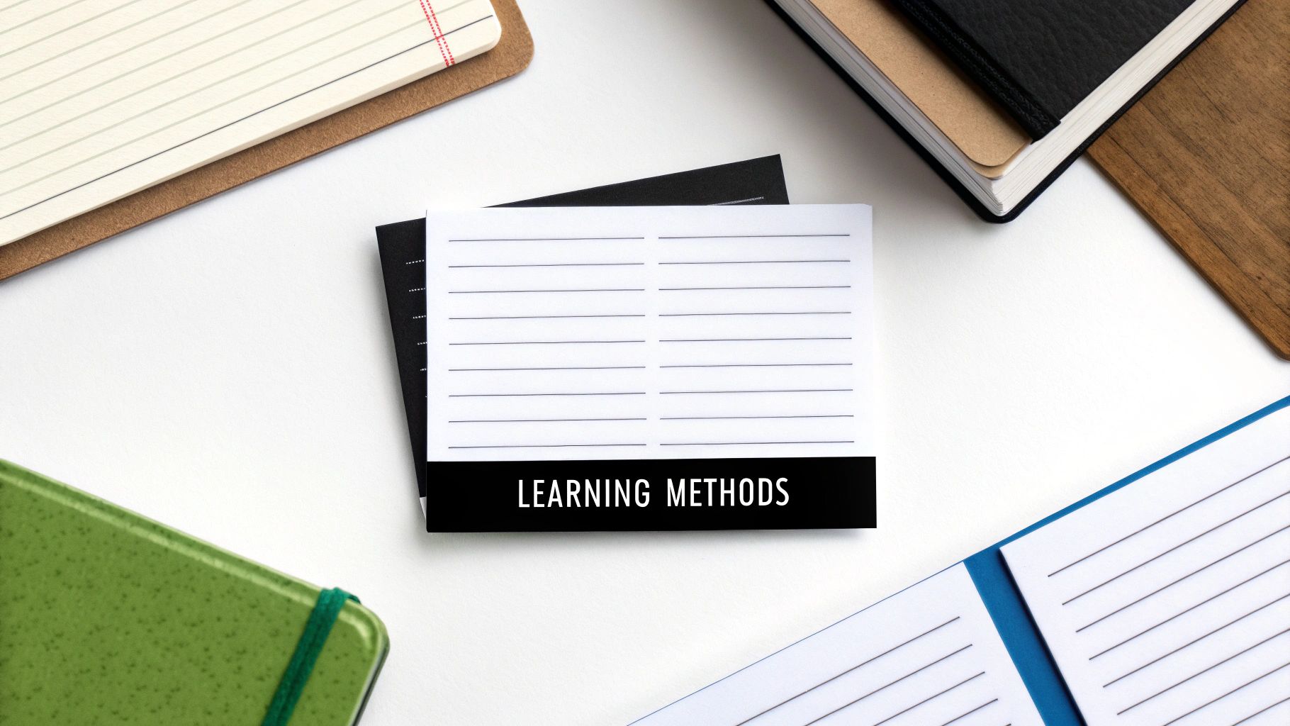 Flat lay of various notebooks surrounding a white card with 'Learning Methods' text on a desk.