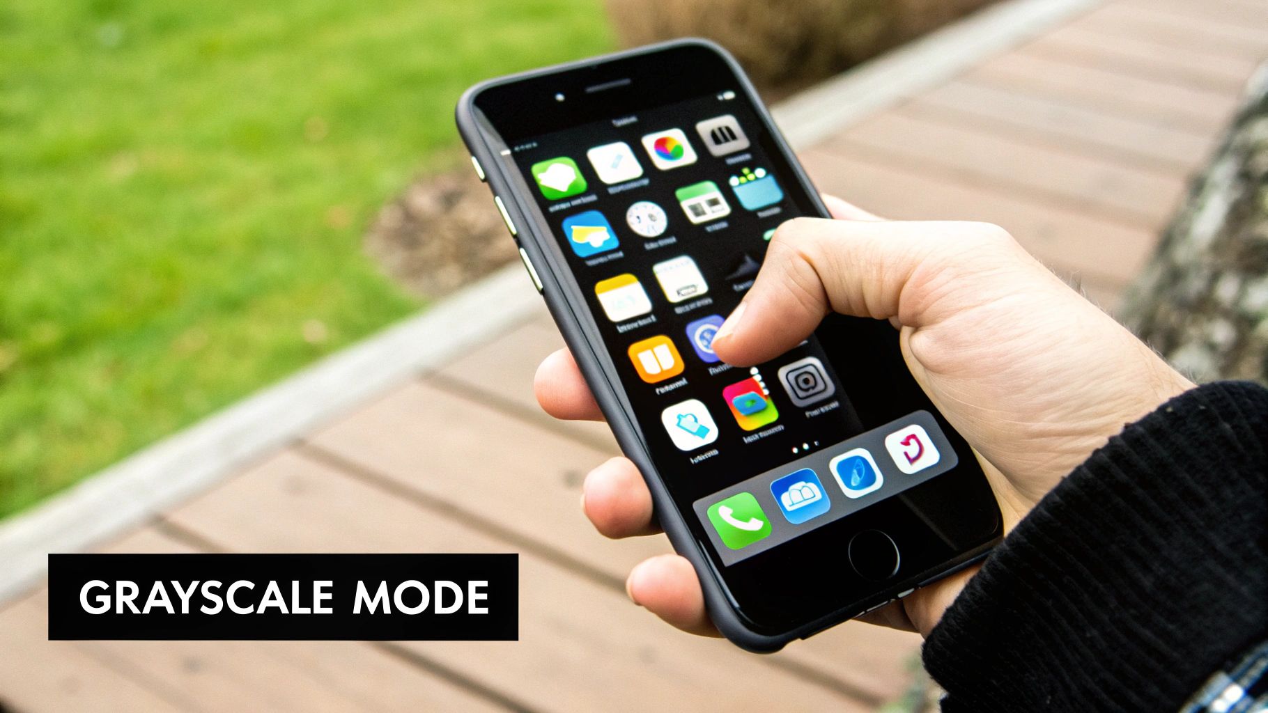 A hand interacts with a smartphone displaying colorful app icons and 'GRAYSCALE MODE' text overlay.