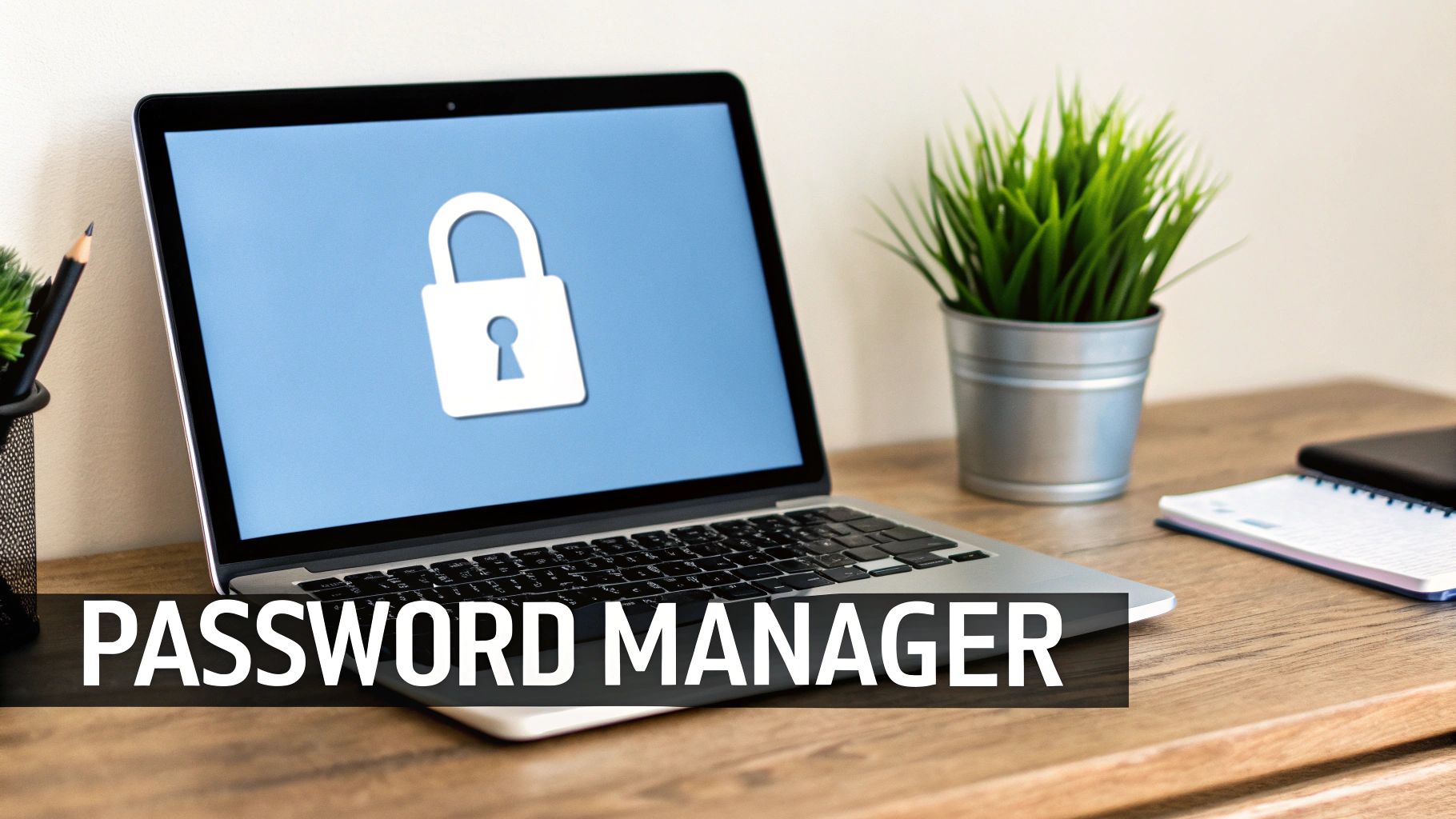 A laptop displaying a padlock icon on its screen, symbolizing a password manager, on a wooden desk with a plant and notebook.