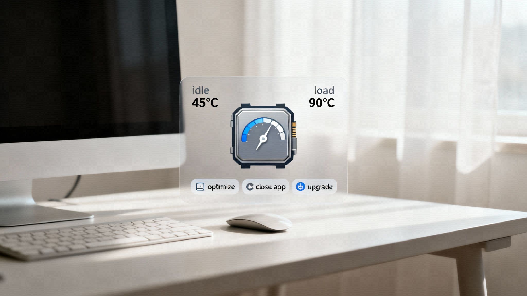 Augmented reality display monitors CPU performance, showing temperature and offering optimization options on a modern computer desk.
