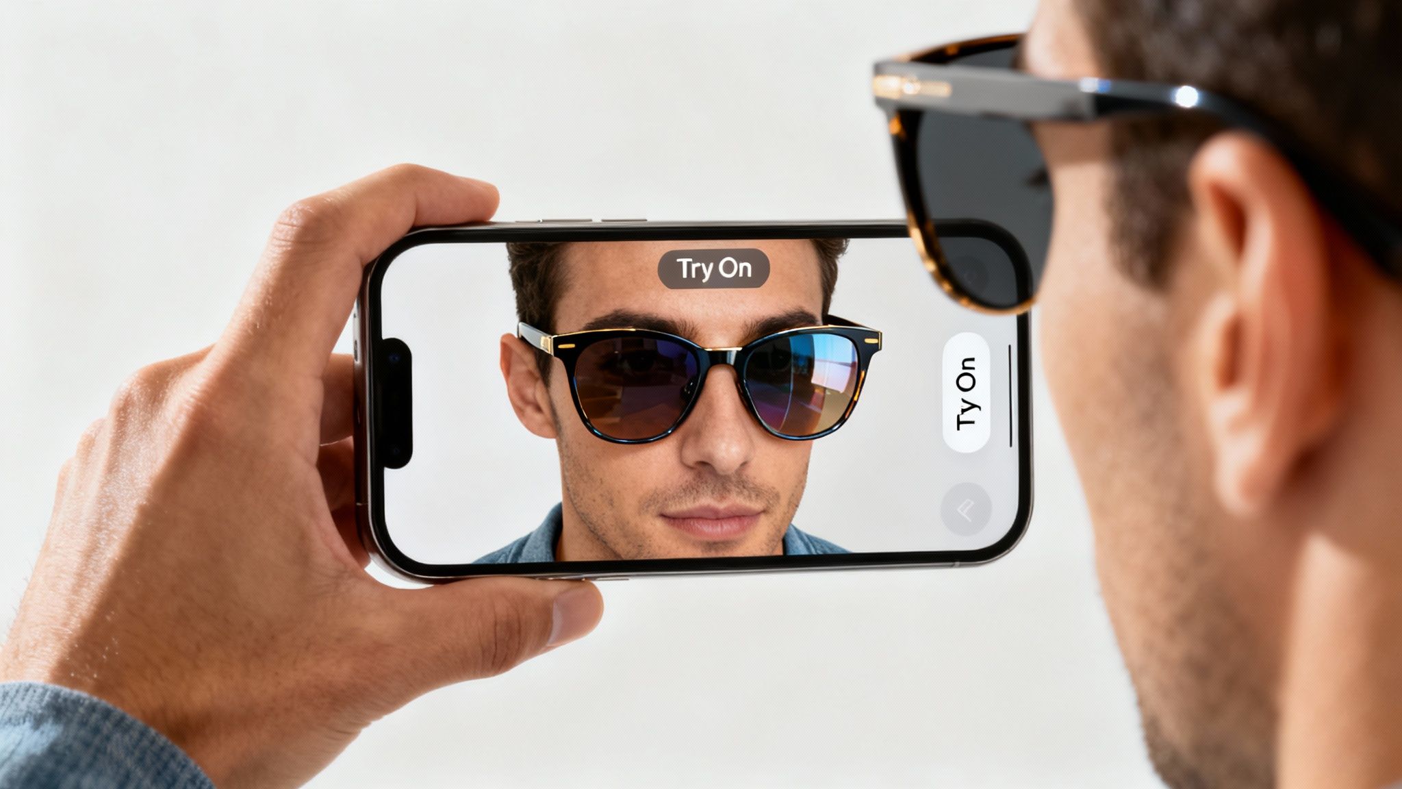Man uses a smartphone for augmented reality virtual try-on of stylish sunglasses.