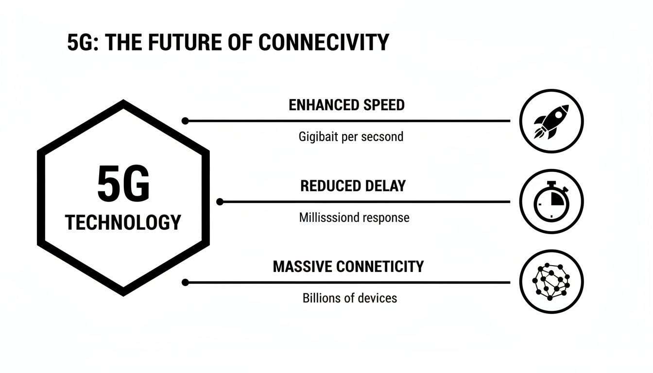 Infographic on 5G technology, detailing enhanced speed, reduced delay, and massive connectivity with symbolic icons.