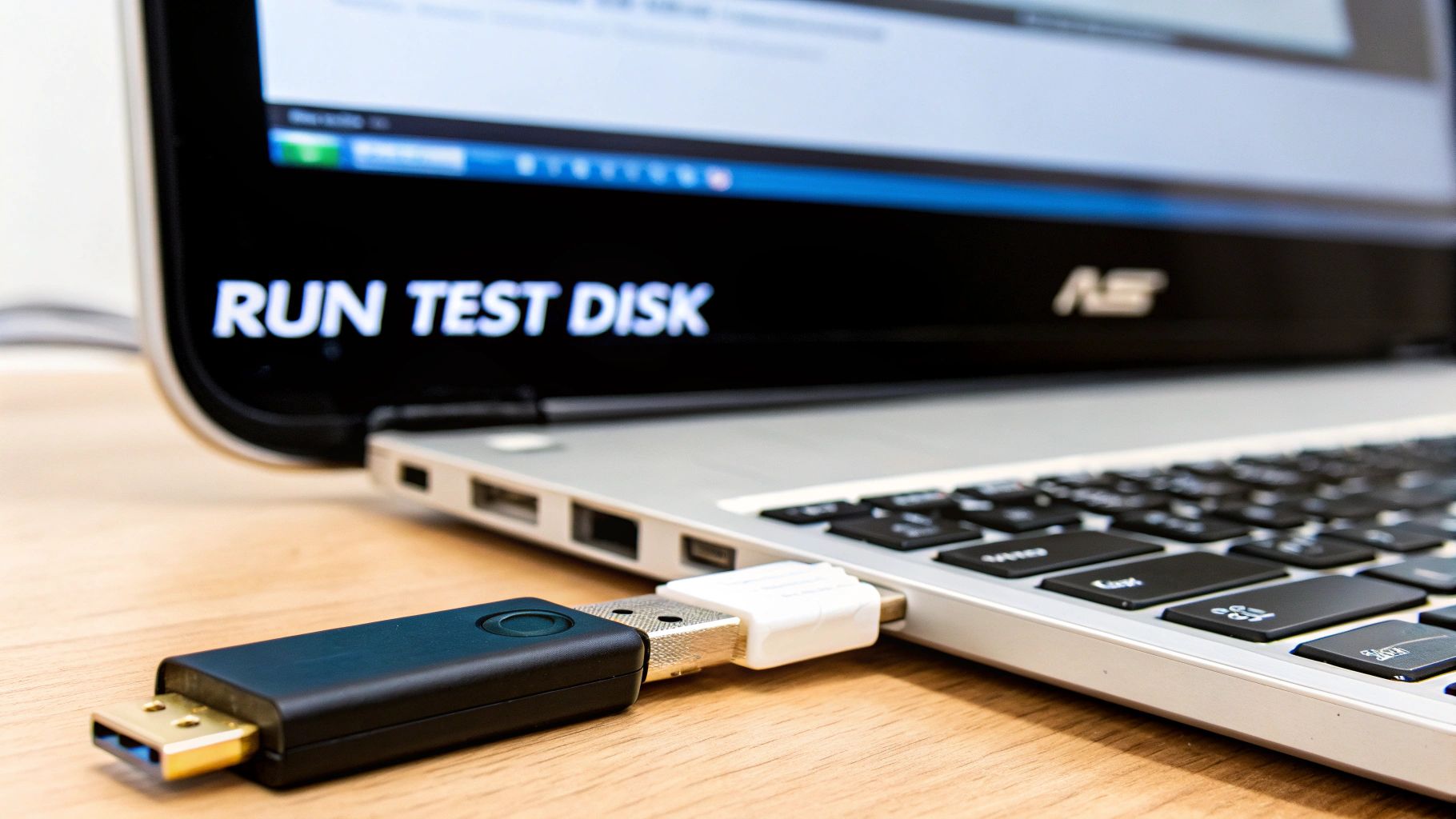 A black USB flash drive connected to a laptop showing "RUN TEST DISK" on screen.