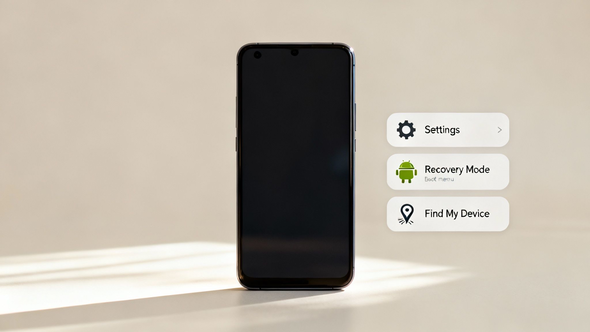 A black smartphone displayed with digital menu options: Settings, Recovery Mode, and Find My Device.
