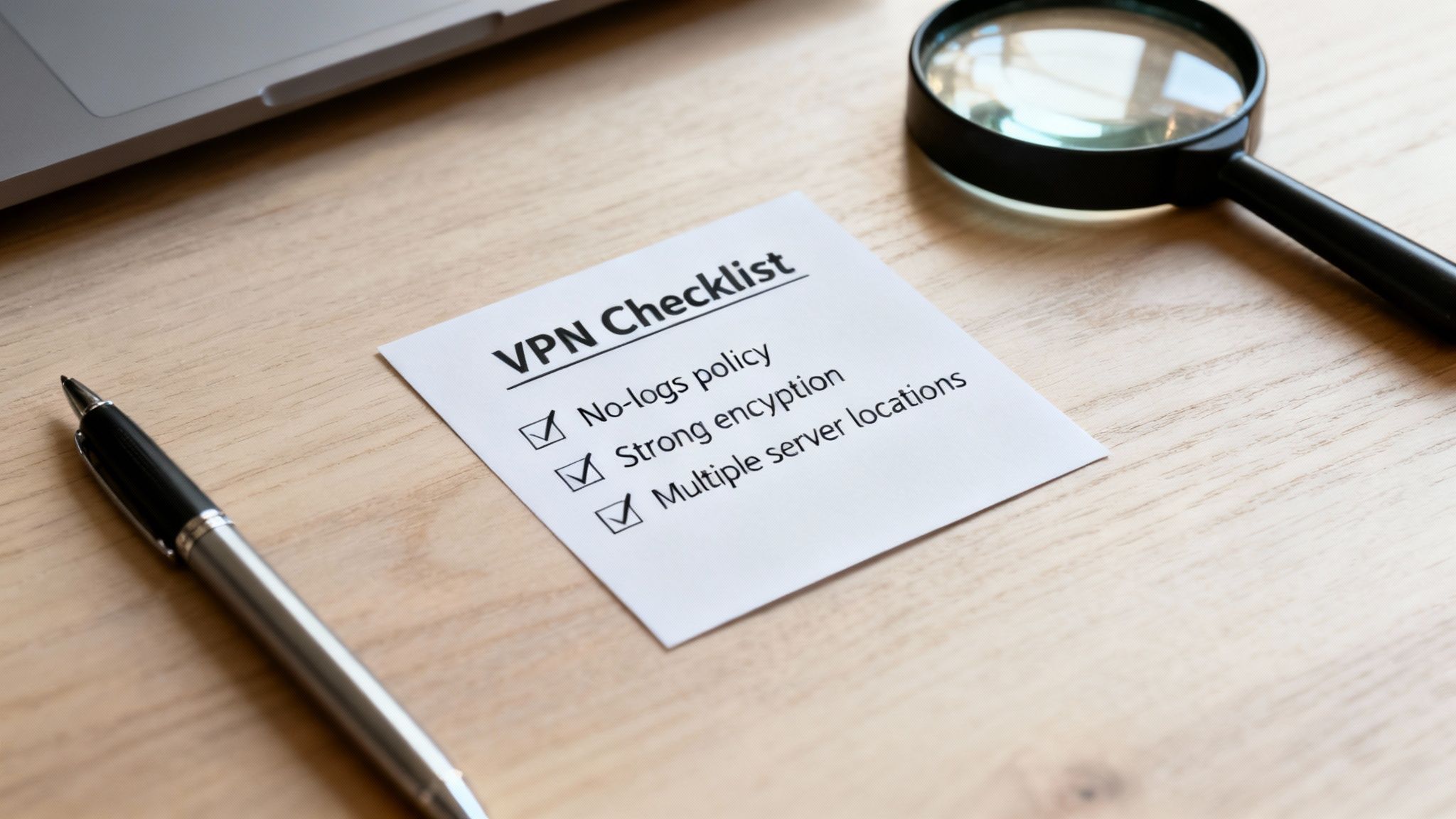 A VPN checklist on a wooden desk with a pen, laptop, and magnifying glass, highlighting security features.