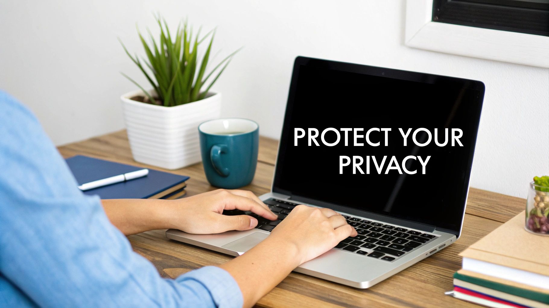 A person typing on a laptop displaying 'PROTECT YOUR PRIVACY' on a wooden desk.