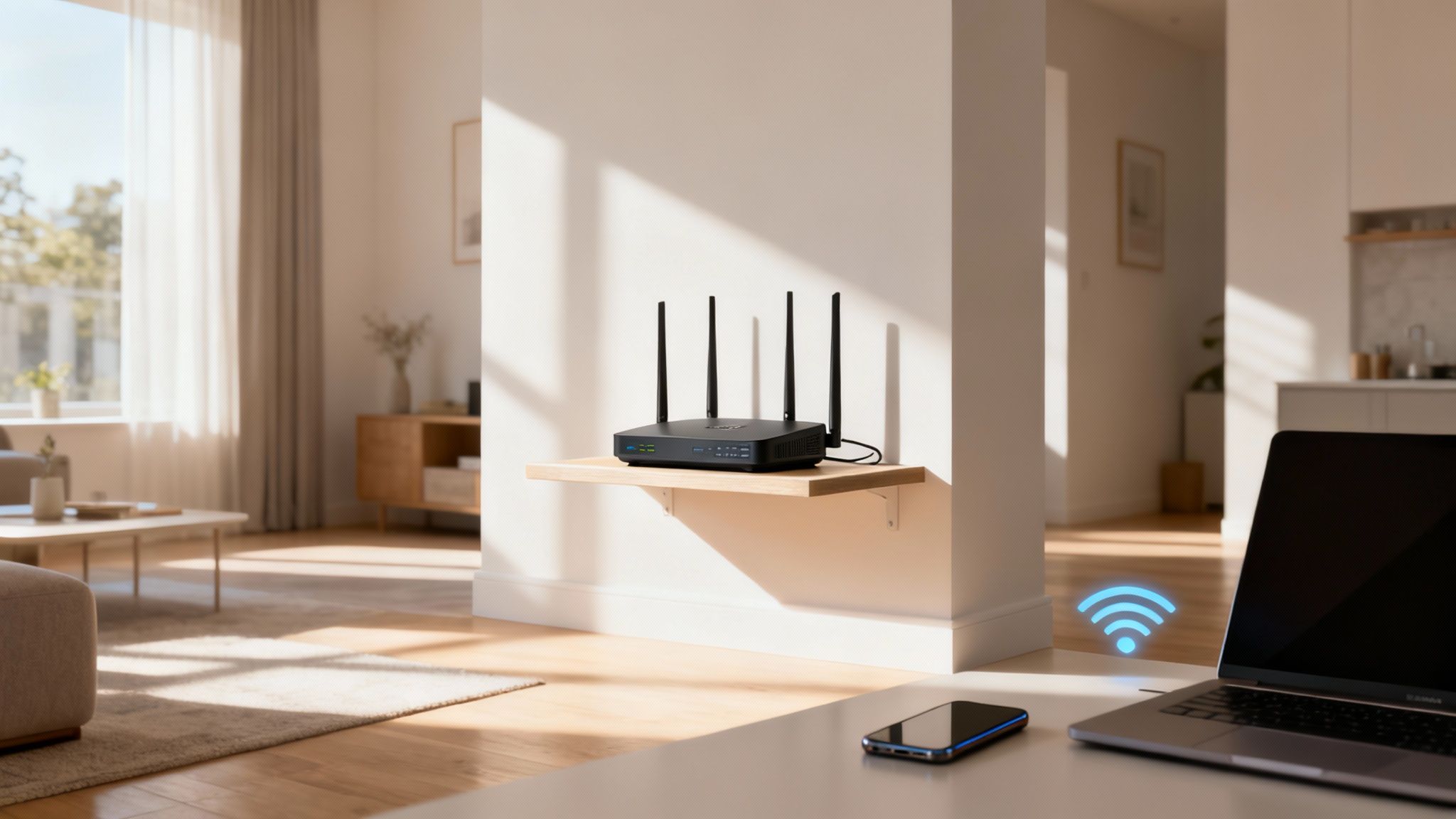 A black Wi-Fi router on a shelf in a modern home, with a laptop and phone connected to a strong signal.