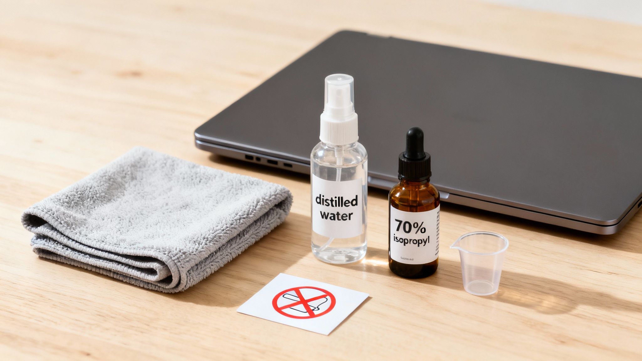 Cleaning supplies for a laptop screen: distilled water, isopropyl alcohol, and a microfiber cloth.