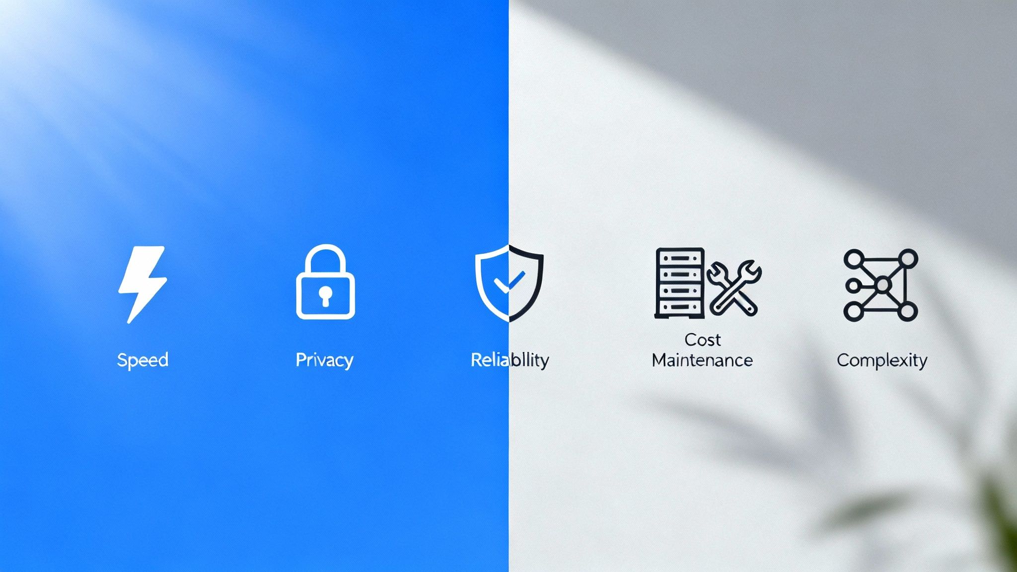 A split image illustrating technology pros like speed, privacy, reliability, and cons like cost, complexity.