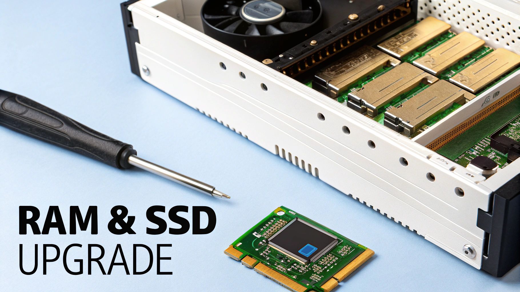 Computer hardware components laid out for an upgrade, including RAM modules, an SSD, and a screwdriver.