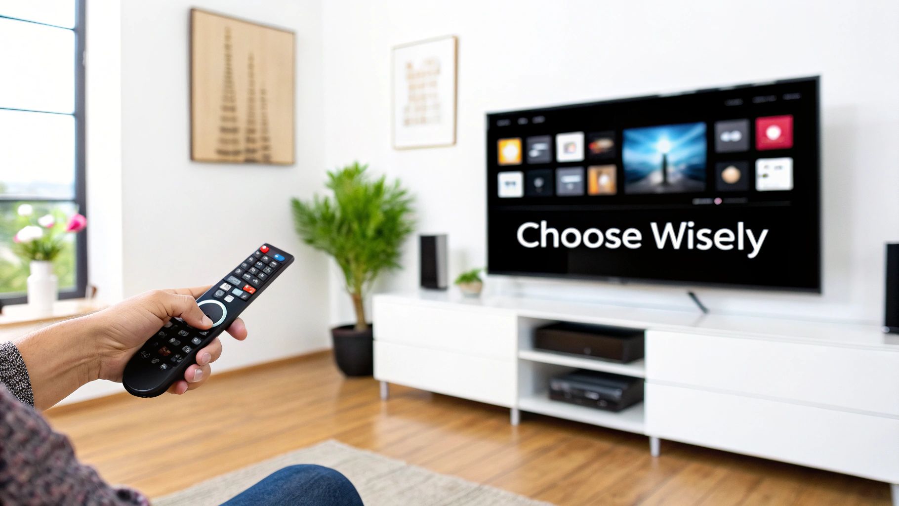 A person holds a remote control, choosing content on a smart TV displaying 'Choose Wisely' in a modern living room.