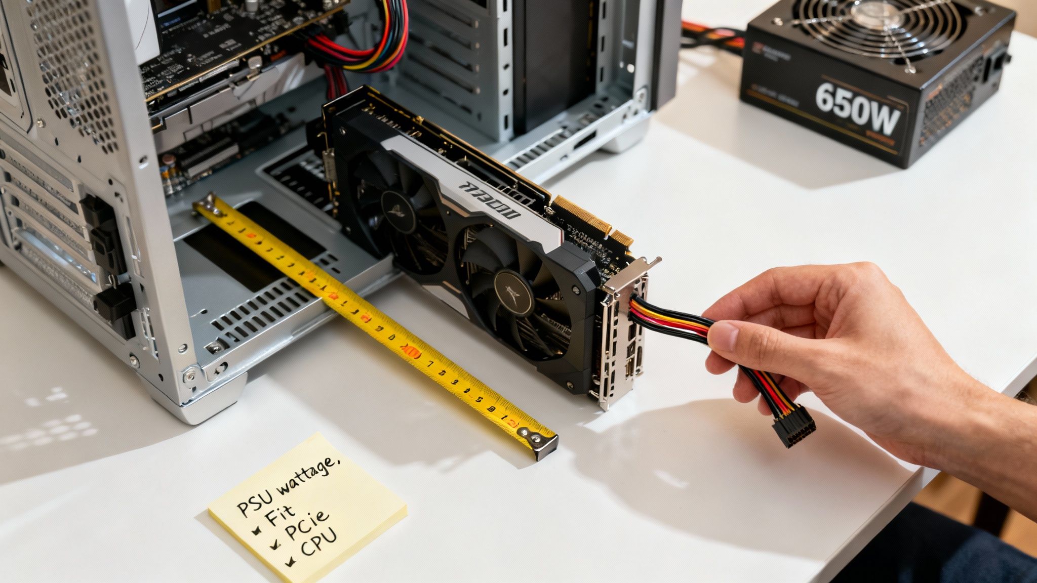 Person installing a graphics card into a PC case, with measuring tape and power supply.