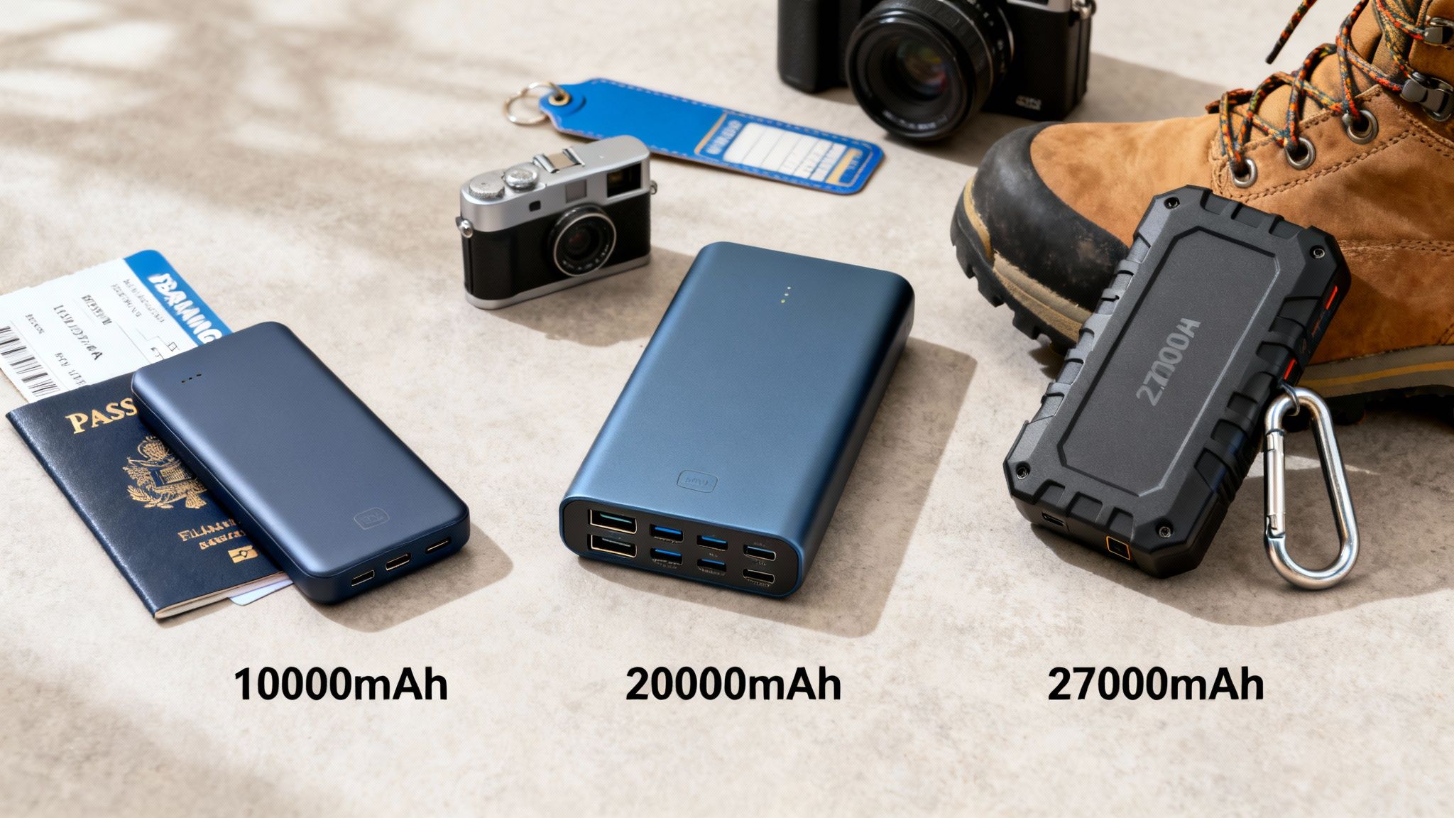 Three portable power banks with 10000mAh, 20000mAh, and 27000mAh capacities for travel.
