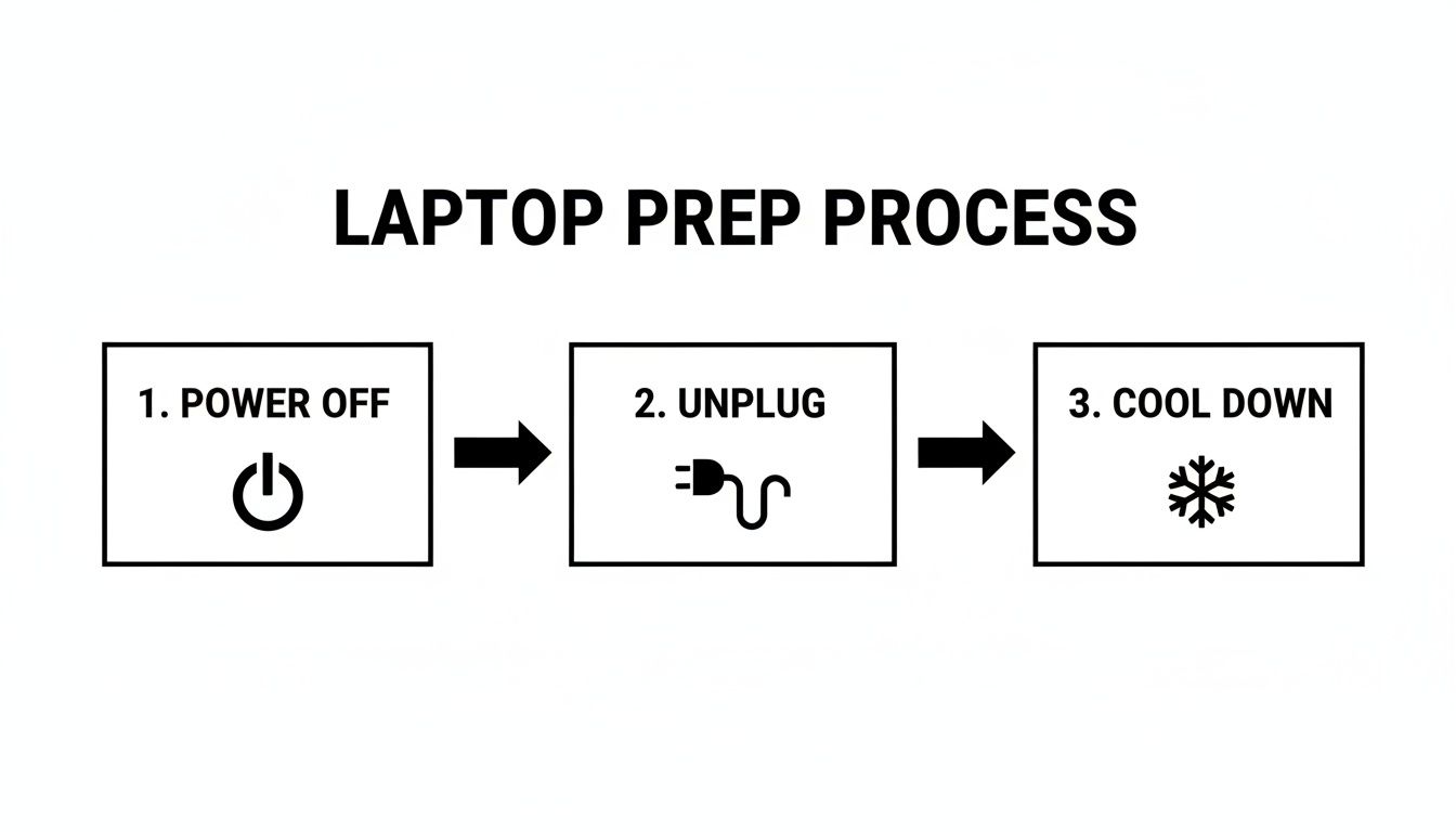 Diagram illustrating the three-step laptop preparation process: power off, unplug, and cool down.