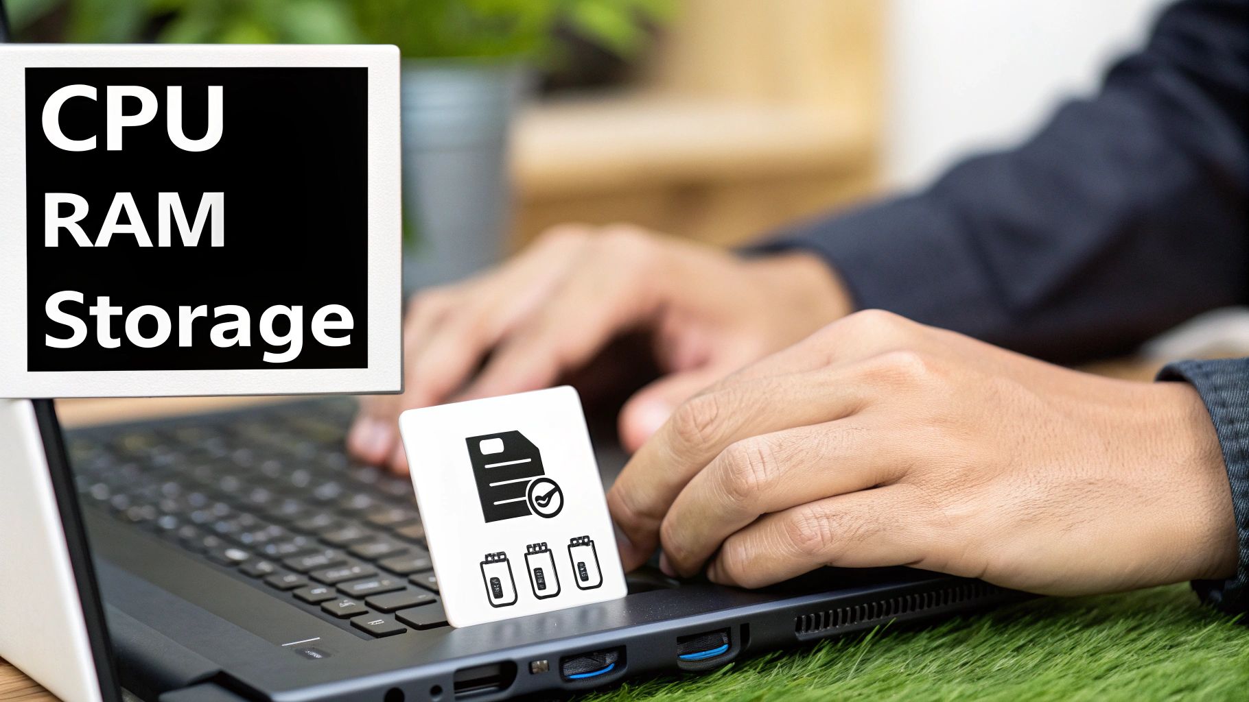 Hands typing on a laptop with cards displaying CPU, RAM, Storage, and data icons.