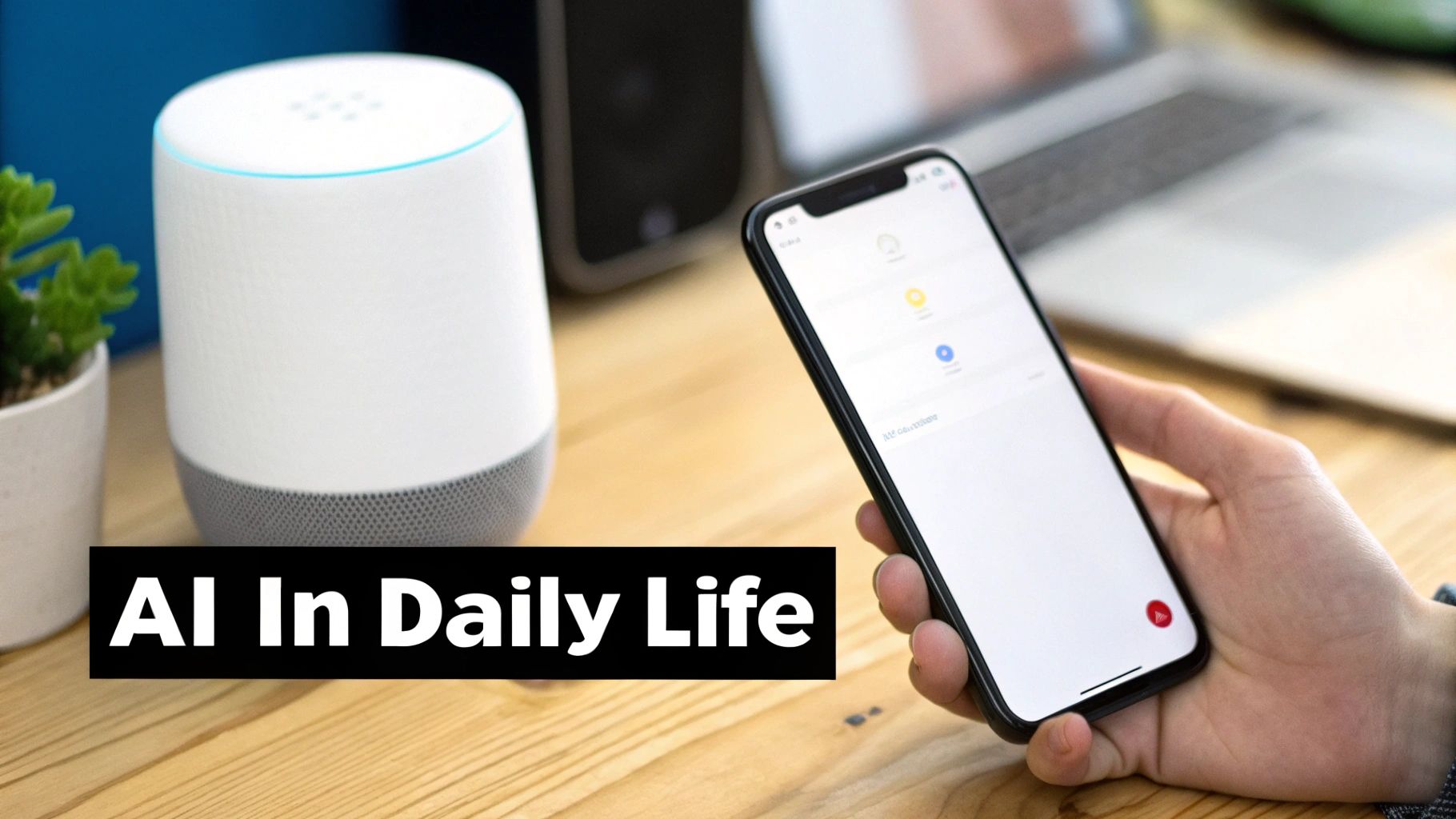 A person holds a smartphone next to a smart speaker, showcasing AI technology in daily life.