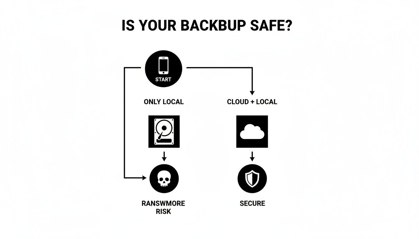 Flowchart illustrating smartphone backup safety: local-only backup poses ransomware risk, while cloud-local is secure.