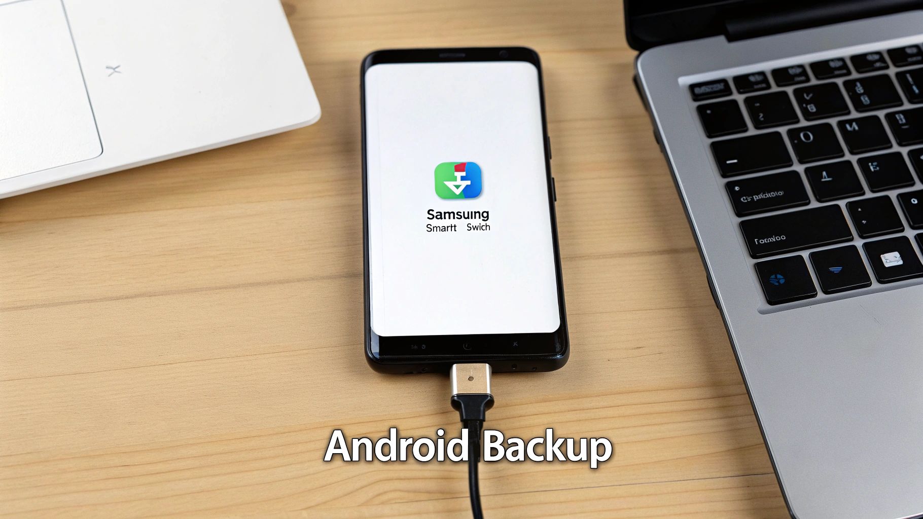 A Samsung phone displaying the Smart Switch app connected by a cable on a wooden desk.