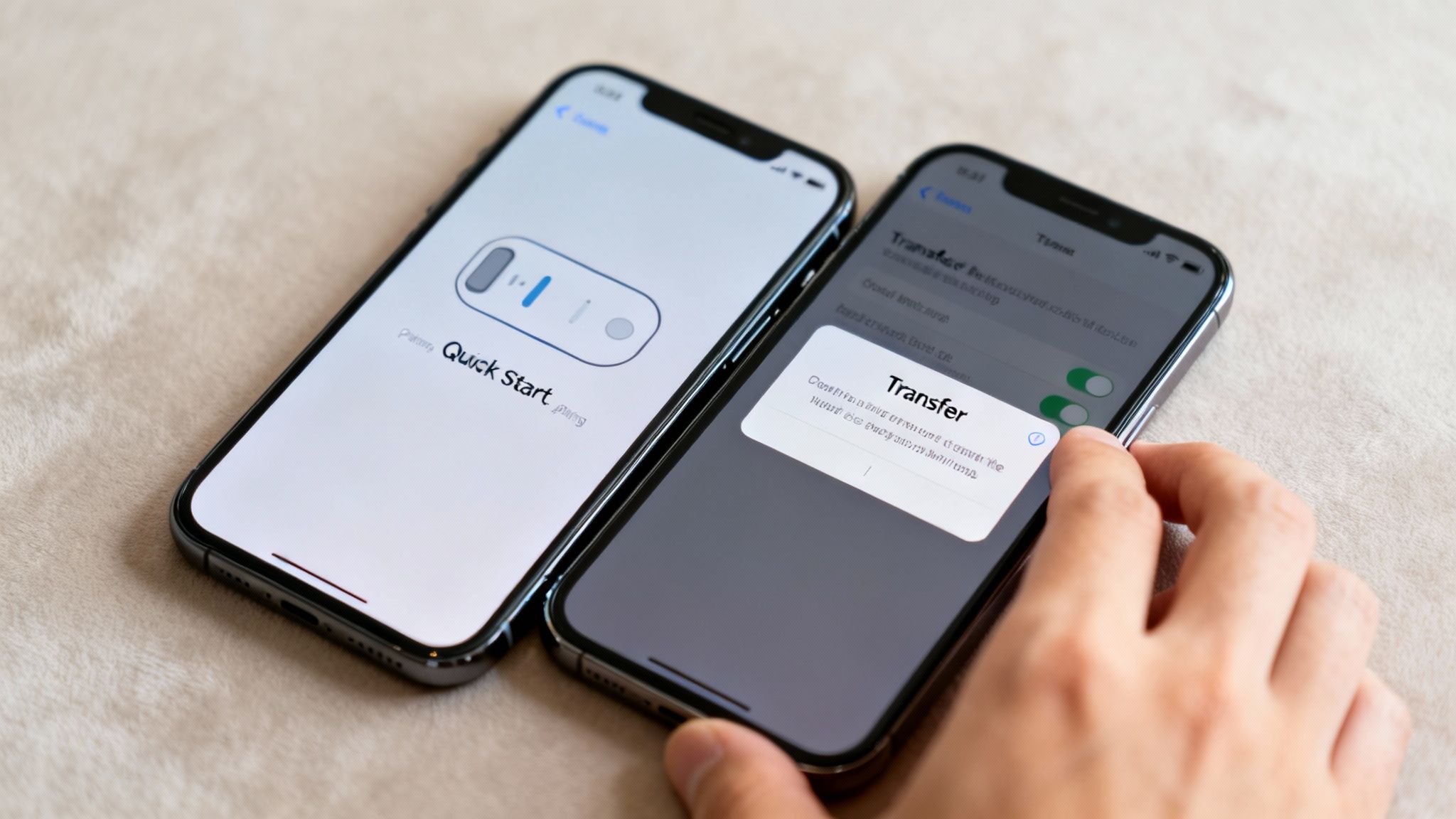 Two iPhones side-by-side, one showing 'Quick Start' and the other displaying a 'Transfer' prompt.
