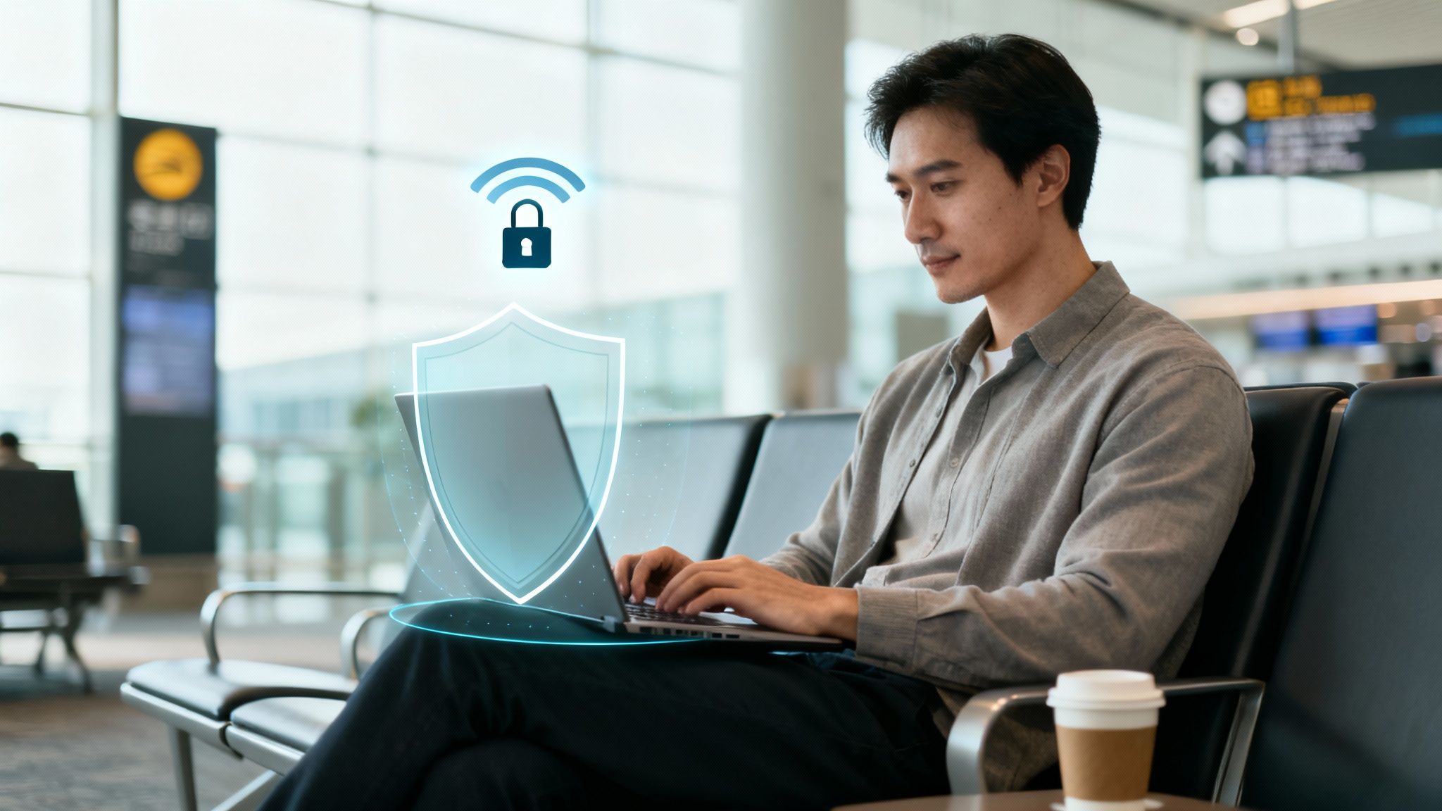 An Asian man uses a laptop with secure network and VPN shield overlay in an airport.
