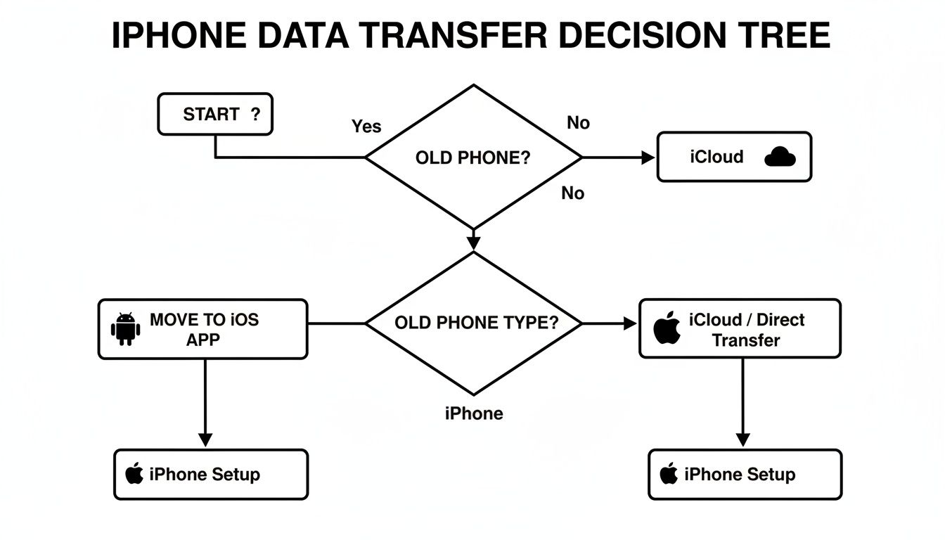 Decision tree diagram illustrating steps for iPhone data transfer from old phones or iCloud.