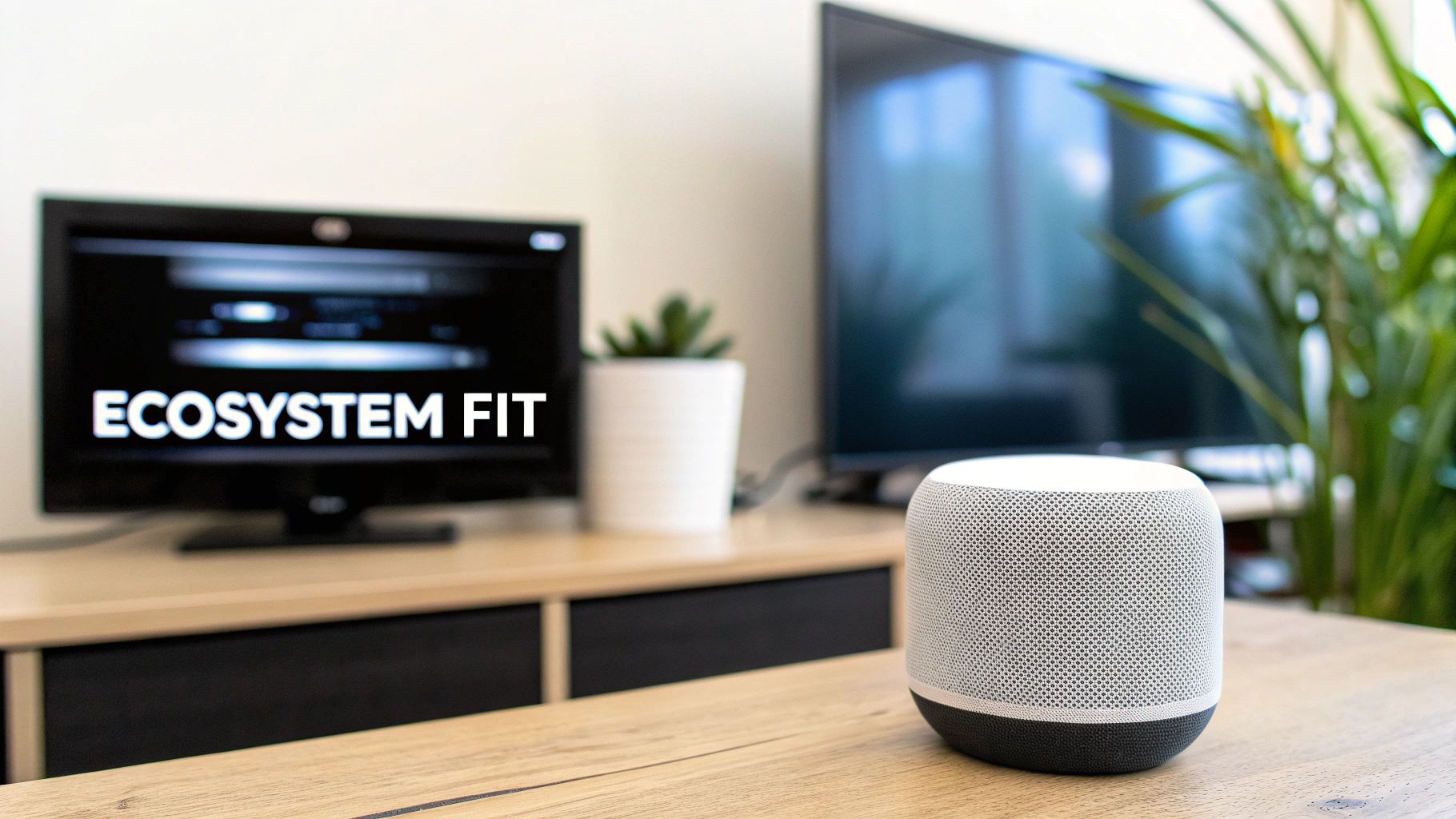 A white smart speaker sits on a wooden table, with a TV displaying 'ECOSYSTEM FIT' in the blurry background.