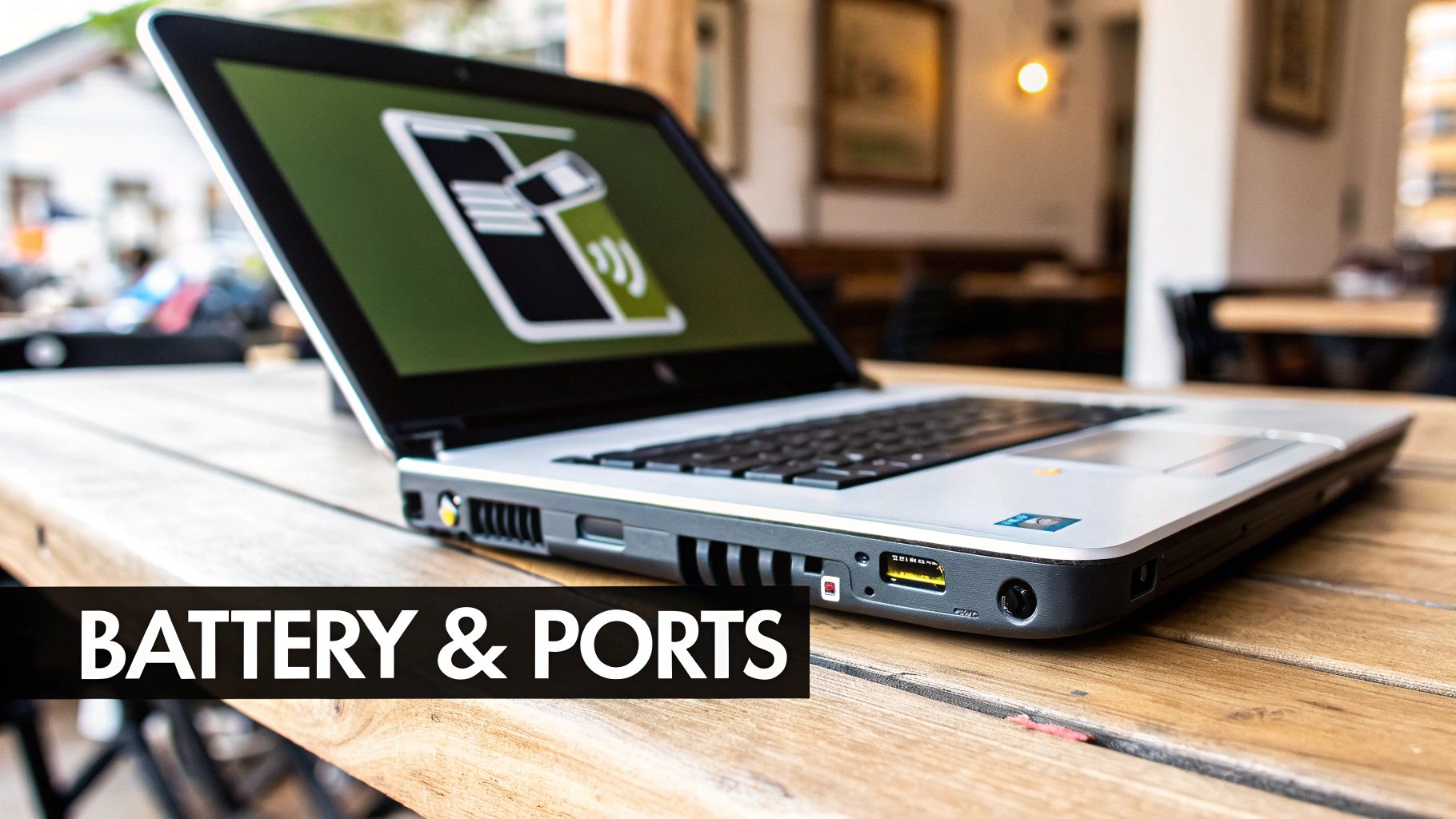 Close-up of a silver laptop on a wooden table, highlighting its visible ports and battery area.