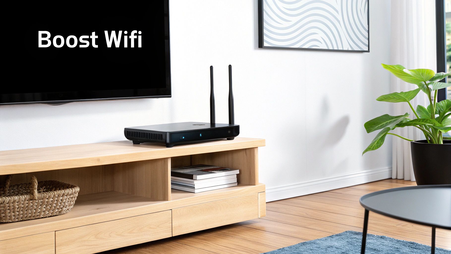 A black Wi-Fi router sits on a wooden TV stand below a TV screen displaying 'Boost Wifi'.