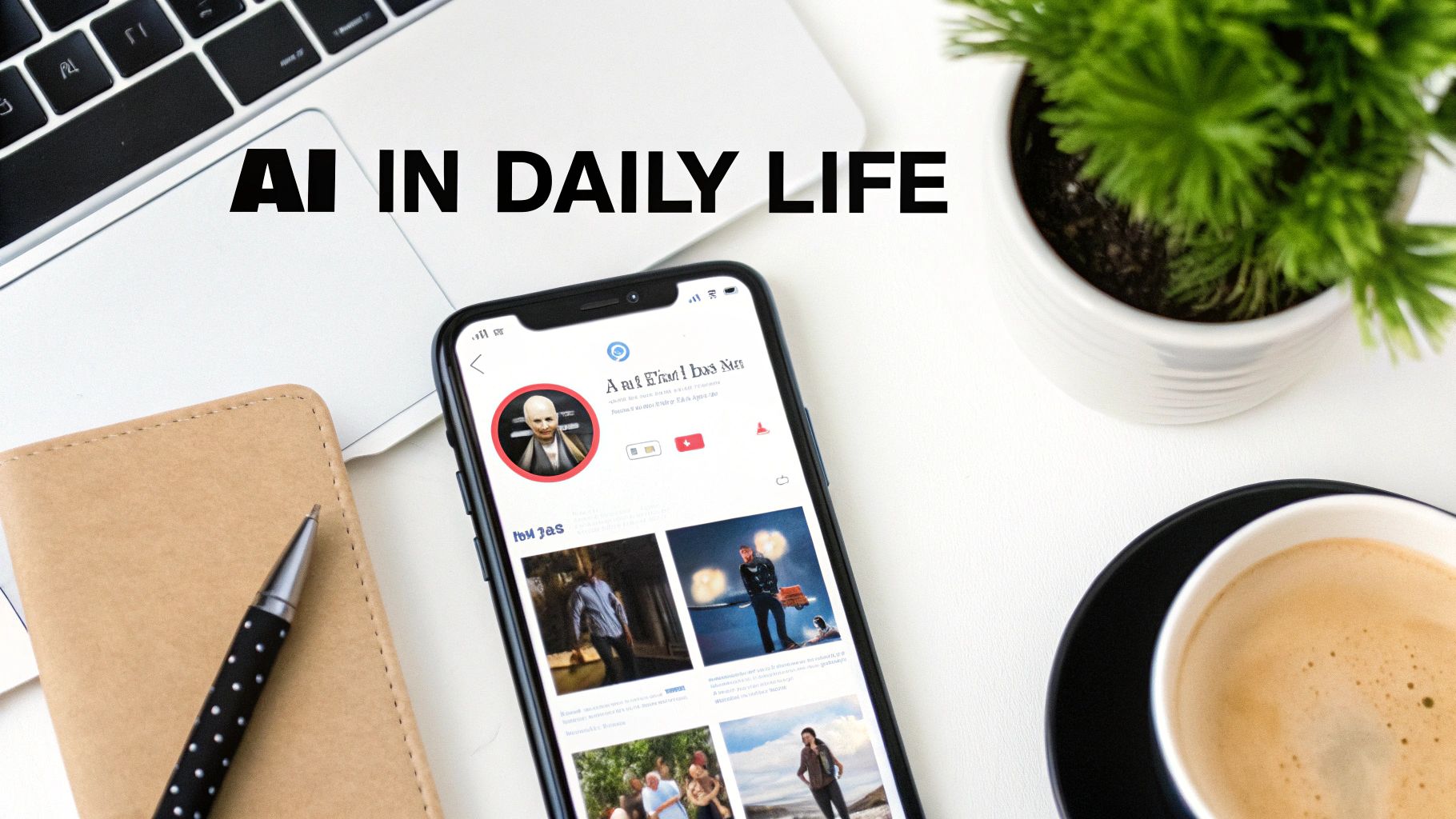 Overhead view of a modern workspace with a laptop, smartphone, coffee, and plant, highlighting AI in daily life.