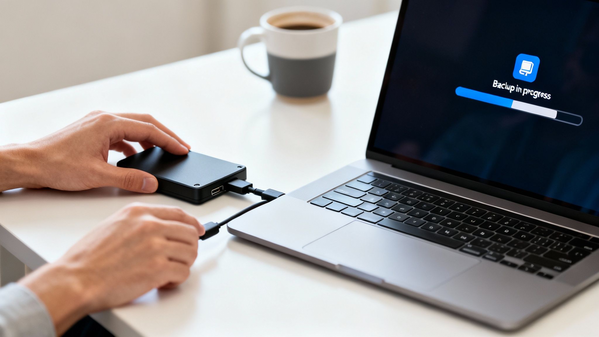 A person connects a black external hard drive to a silver laptop, showing 'Backup in progress' on screen.