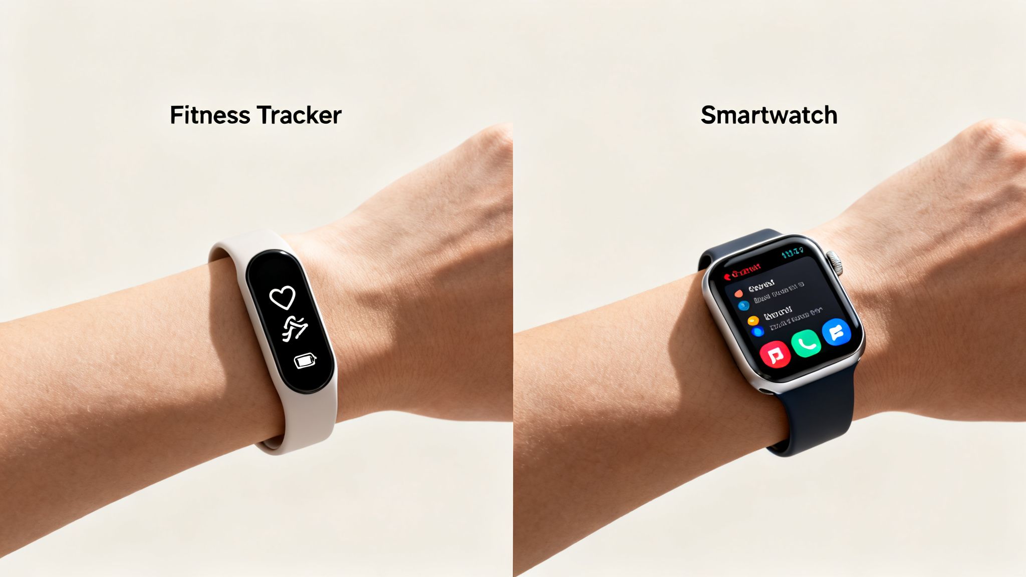 Side-by-side comparison of a fitness tracker and a smartwatch on wrists, highlighting their different functionalities.
