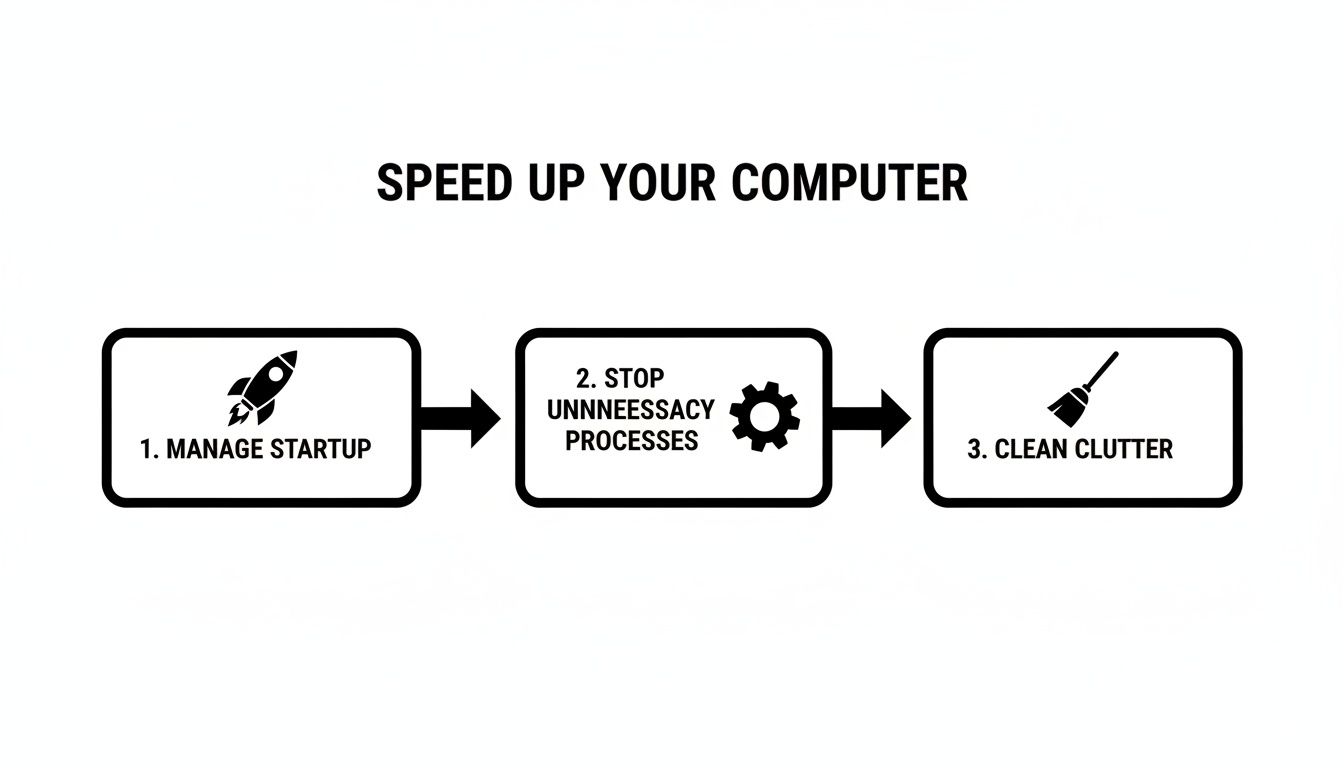 A flowchart illustrates three steps to speed up a computer: manage startup, stop unnecessary processes, and clean clutter.