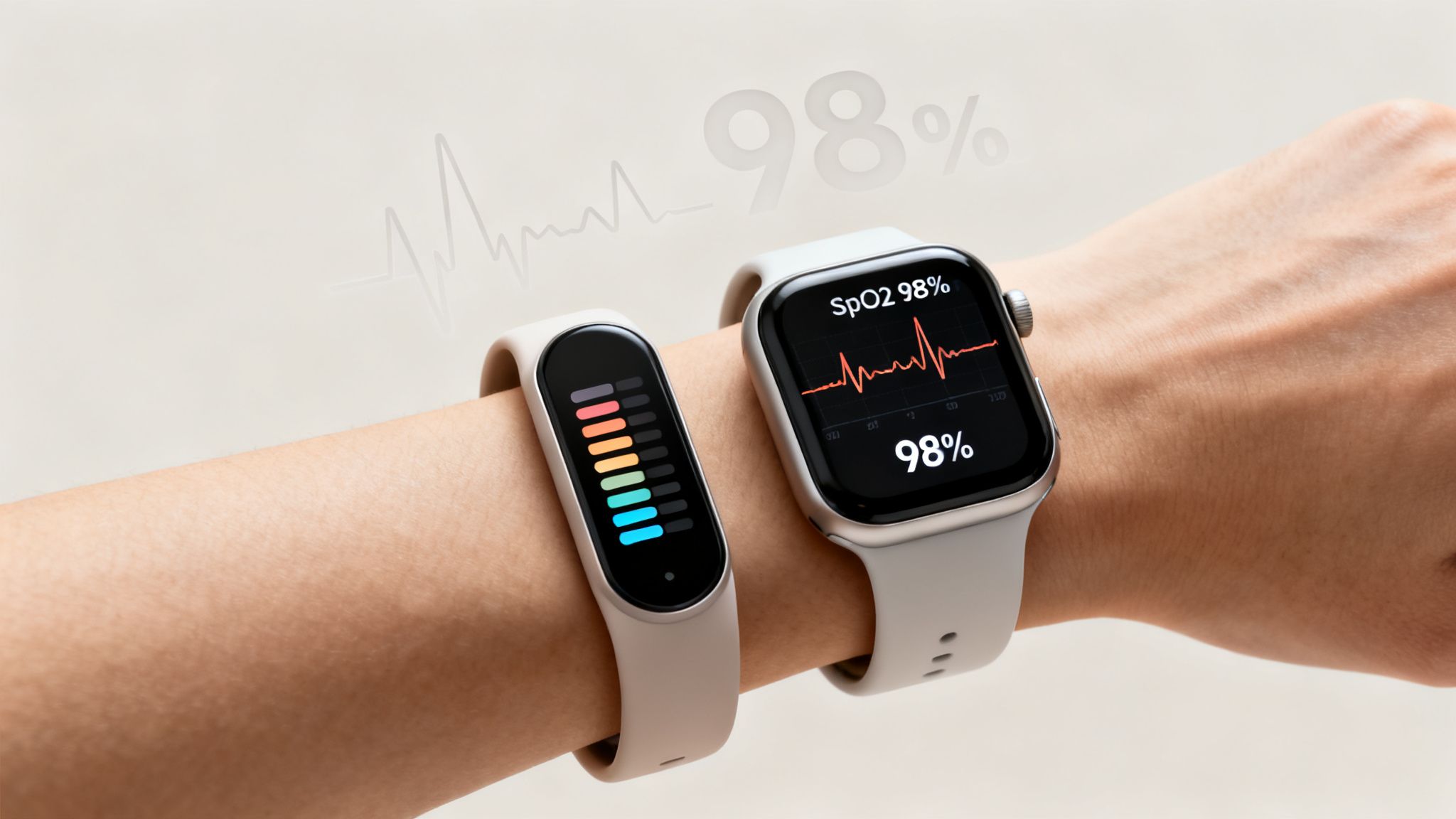 A person's wrist adorned with a fitness tracker and a smartwatch displaying health data.