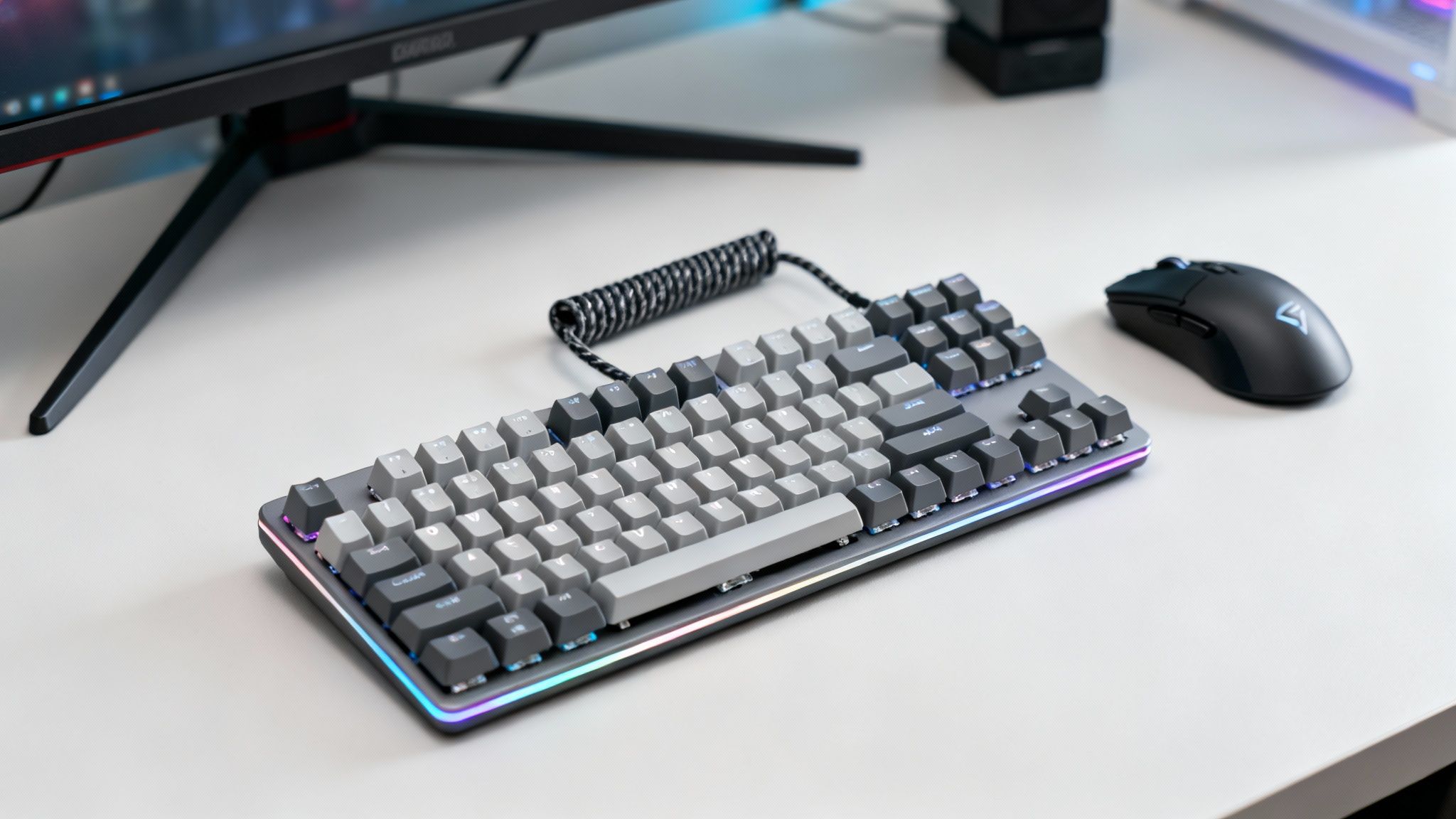 A modern desk setup with a mechanical keyboard, coiled cable, gaming mouse, and monitor.