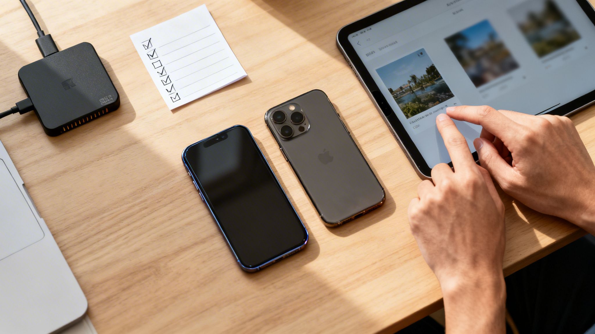 Person's hands using an iPad to view photos, with two iPhones and a data transfer device.