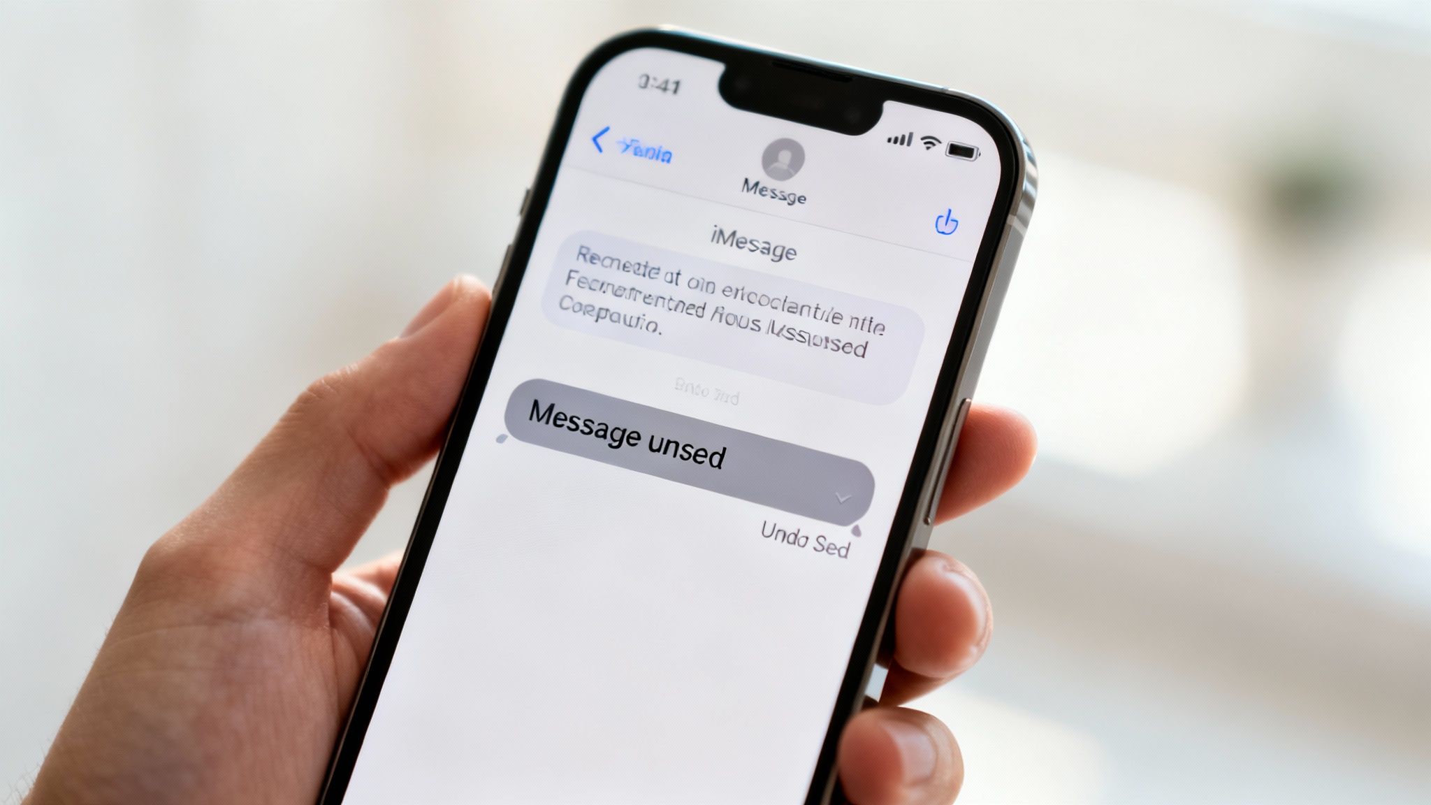 A person's hand holding an iPhone displaying an iMessage with a 'Message unsed' notification and 'Undo Sed' option.